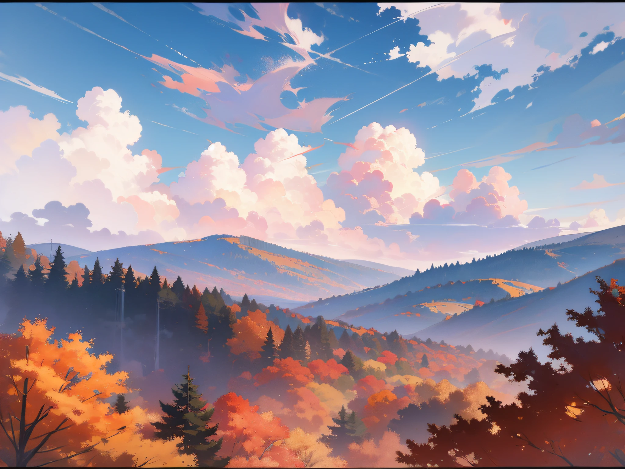 Exquisite view, sky, white clouds, fantasy, breathtaking, 8K, autumn, scenery