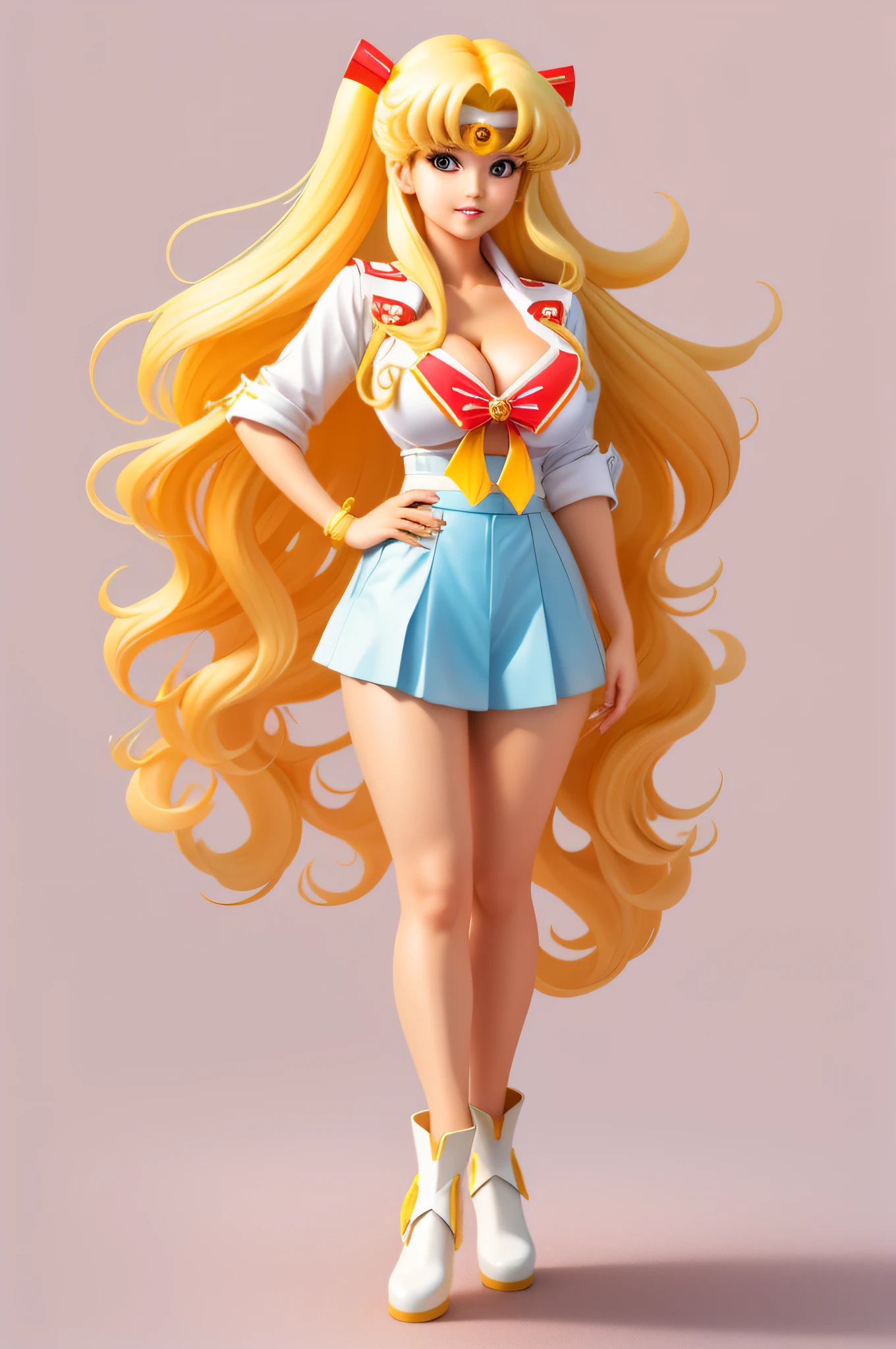 cowboy shot, full body portrait, anime Japanese women, 1980s \(style\), 1girl, long blonde hair, retro artstyle, long wavy hair, solo, Sailor Moon outfit, unbutton_shirt, (naked_breasts:1.2), medium_breasts, cleavage, full body shot, model pose, shoes visible