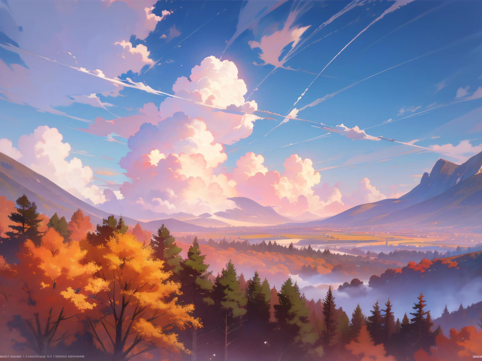 Exquisite view, sky, white clouds, fantasy, breathtaking, 8K, autumn, scenery