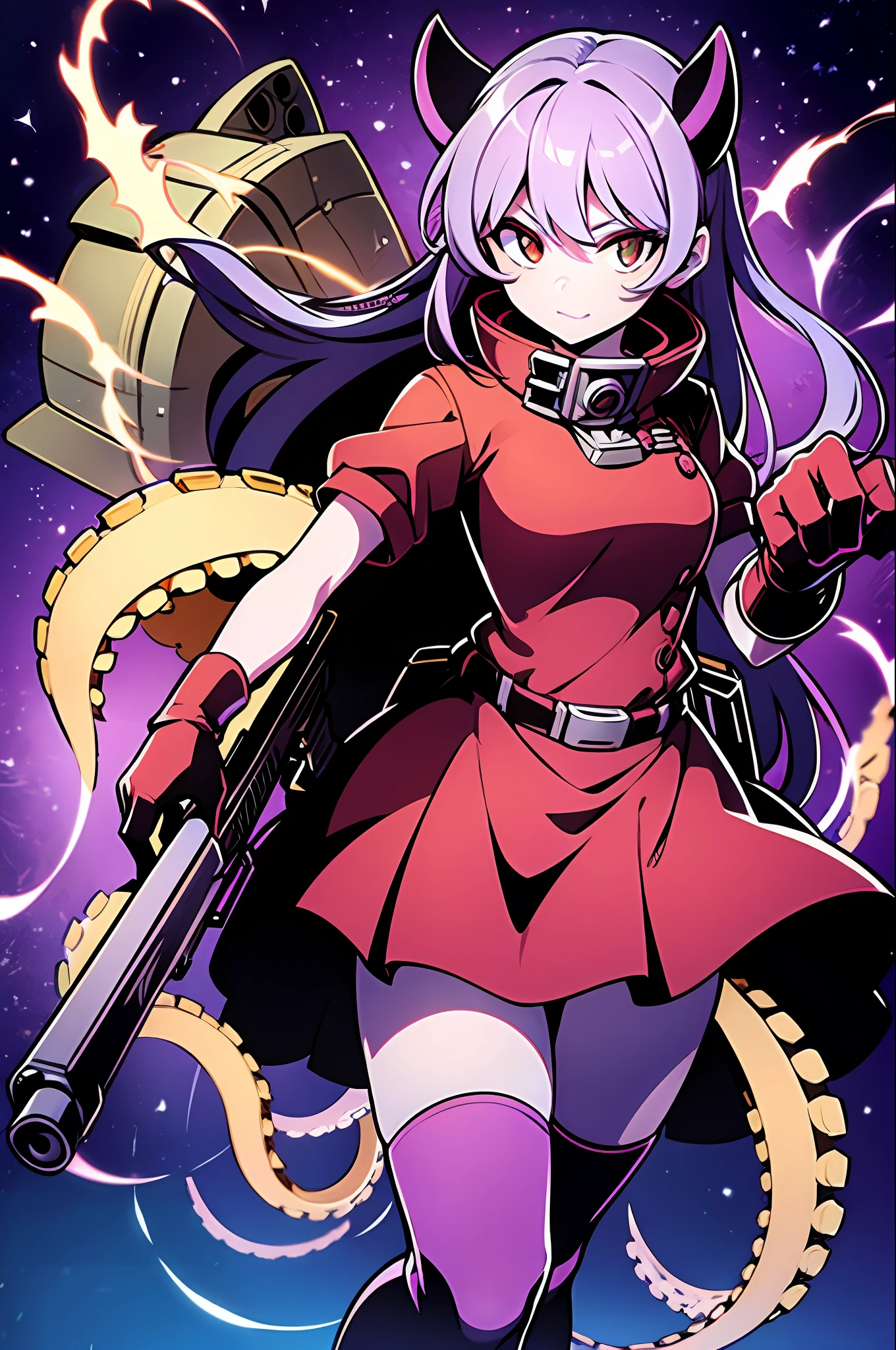 Anime girl-scylla, octopus, purple tentacles of hair, red big eyes, red dress, wraps around weapons: minigun, hook, ship cannon, telescope, sword, sawn-off shotgun, revolver, rocket launcher, radiator, bomb, crossbow, red bow, hidden facial expression, cute, beautiful, saturated colors, beautiful colors, beautiful shader, 4k, neutral purple background