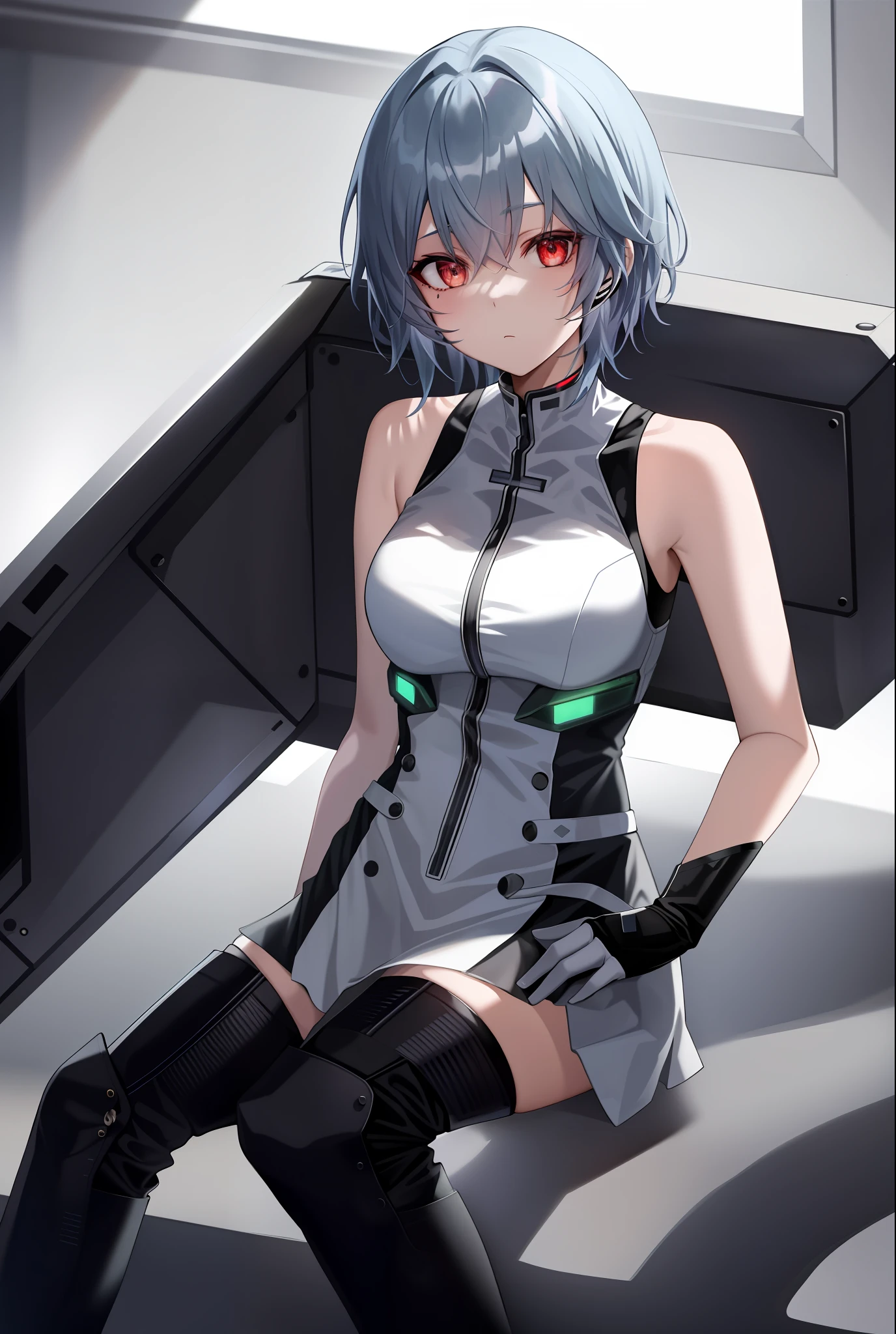 1girl, 20 岁, ayanami rei, blue hair, short_hair, power_lines, interface_headset, depth_of_field, embedded, gothic_clothes, emo, blonde_hair, smokey makeup, ((black_clothes)), pleaded_skirt, 丝袜, high_boots, self_upload, solo, tattoos, tank_top，tattooed_arms，black_eyeliner，坏蛋姿势，中等乳房，
