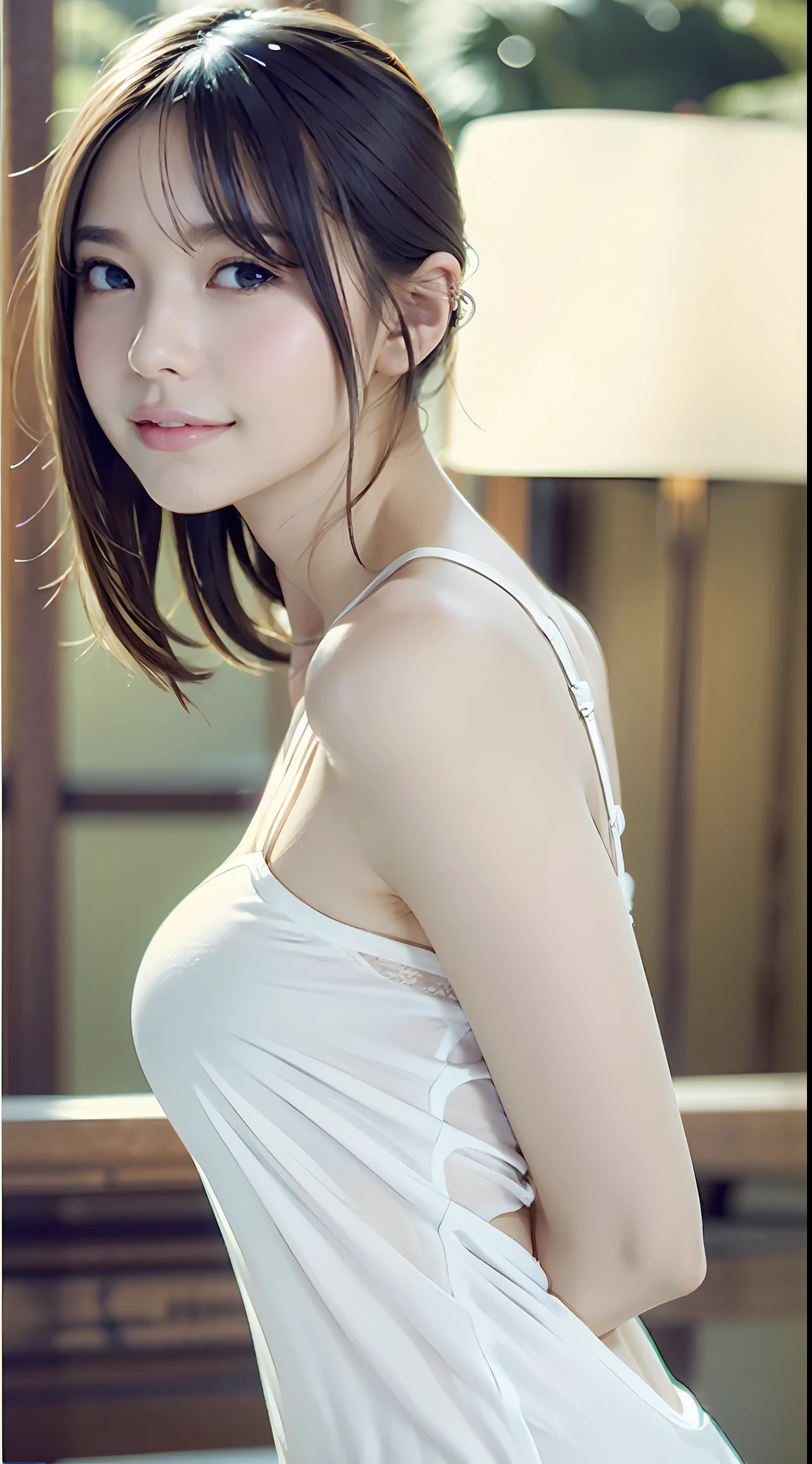 ((cowboy shot, from side), top quality, ultra high resolution, white and simple camisole, short hair, big breasts, highly detailed face and skin texture, detailed eyes, clear focus, standing, arms behind back,), one girl, white skin, real human skin, oval face, pores, 8k, Gentle, goddess-like eyes, lip gloss, eyelashes, gloss face, wide lighting, natural shading, small waist, slender body, smile, sagging eyes, double eyelids, library