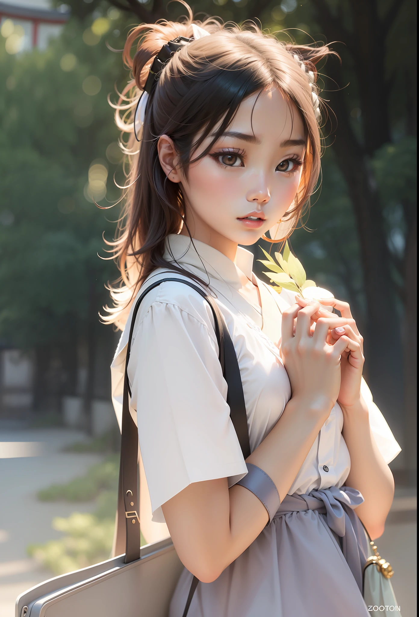 there is a woman that is holding a black bag, young asian girl, a young asian woman, a cute young woman, of a youthful japanese girl, chinese girl, beautiful young korean woman, korean girl, young asian woman, beautiful south korean woman, gorgeous young korean woman, portrait of a japanese teen, cute young woman, beautiful asian girl, beautiful japanese girls face --auto --s2