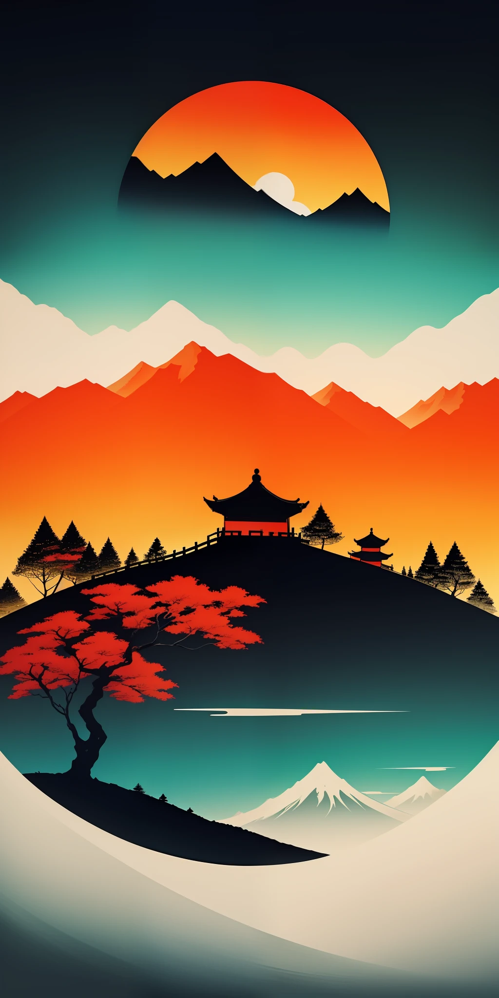 (masterpiece, best quality: 1.2), shukizuma, negative space, shuimobysim, ink painting, colorful colors, traditional Chinese, mountain, trees, (smile), looking at the viewer, saturation, bright colors, neon
