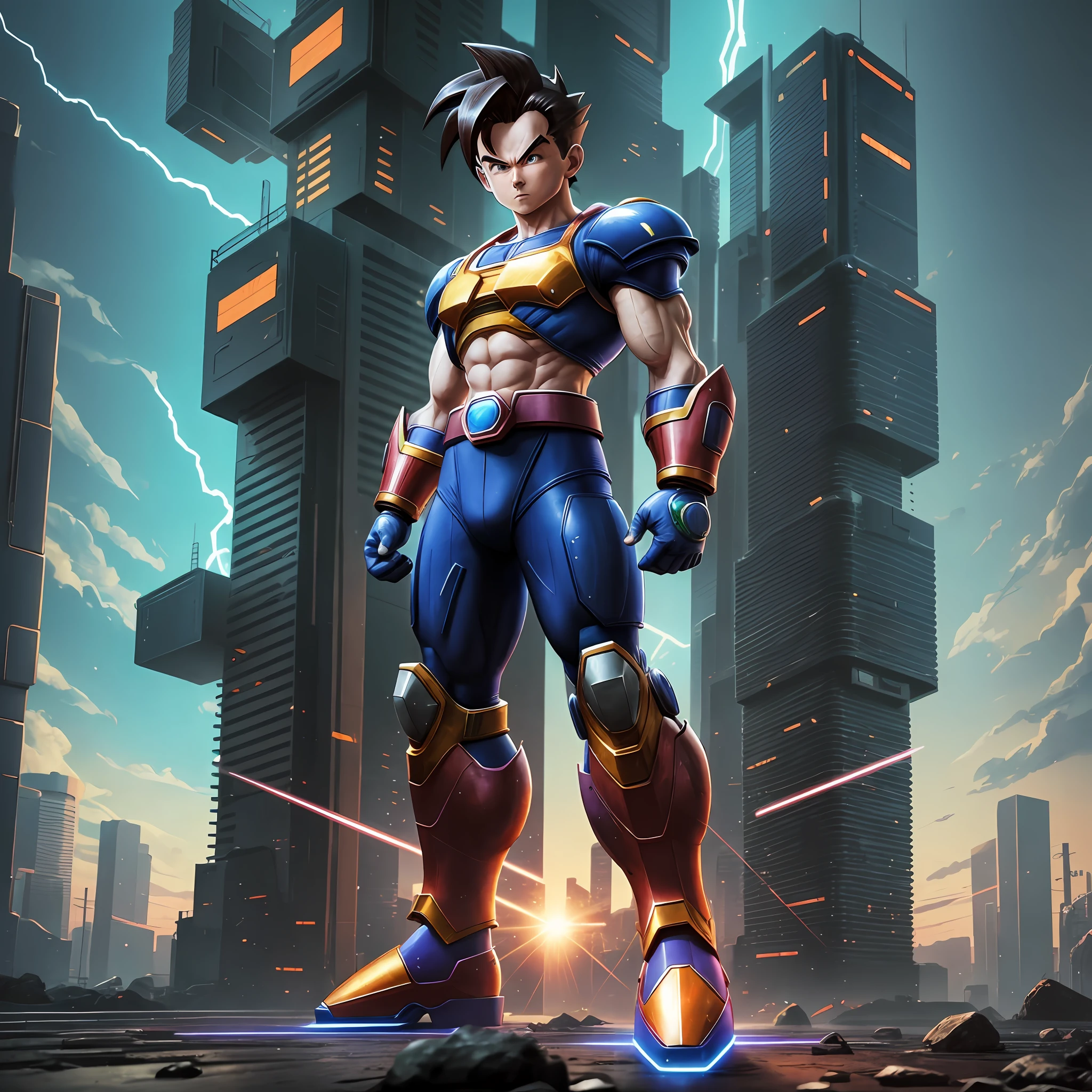 Gohan + Mega Man Image, Cyberpunk, Realistic Image, Masterpiece, Full Body, 3D Anime, --auto --s2