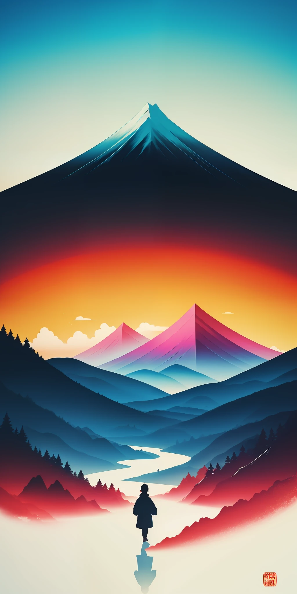(masterpiece, best quality: 1.2), shukizuma, negative space, shuimobysim, ink painting, colorful colors, traditional Chinese, mountain, trees, (smile), looking at the viewer, saturation, bright colors, neon