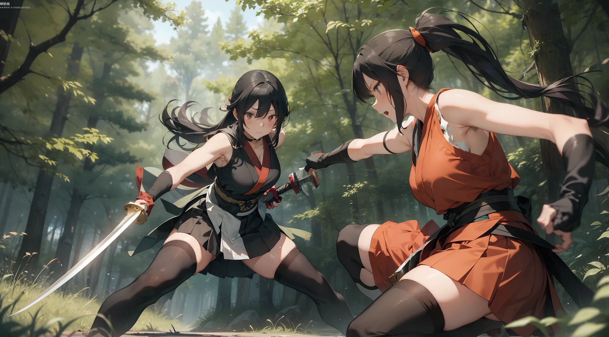 Full body shot from head to feet, two female from Tenchu. Ayame attacking Kagura with short sword, while looking to Kagura with serious expression. Kagura while looking to Ayame, defending with short sword, but wounded and defeated, in pain expression. Both characters have different long hairstyle, wear traditional sleeveless short kimonos, with obi and long elbow gloves. Both characters wears short skirt is also a prominent feature of their attire, complemented by black thigh highs stockings. The background set in a deep forest, with simple effect.