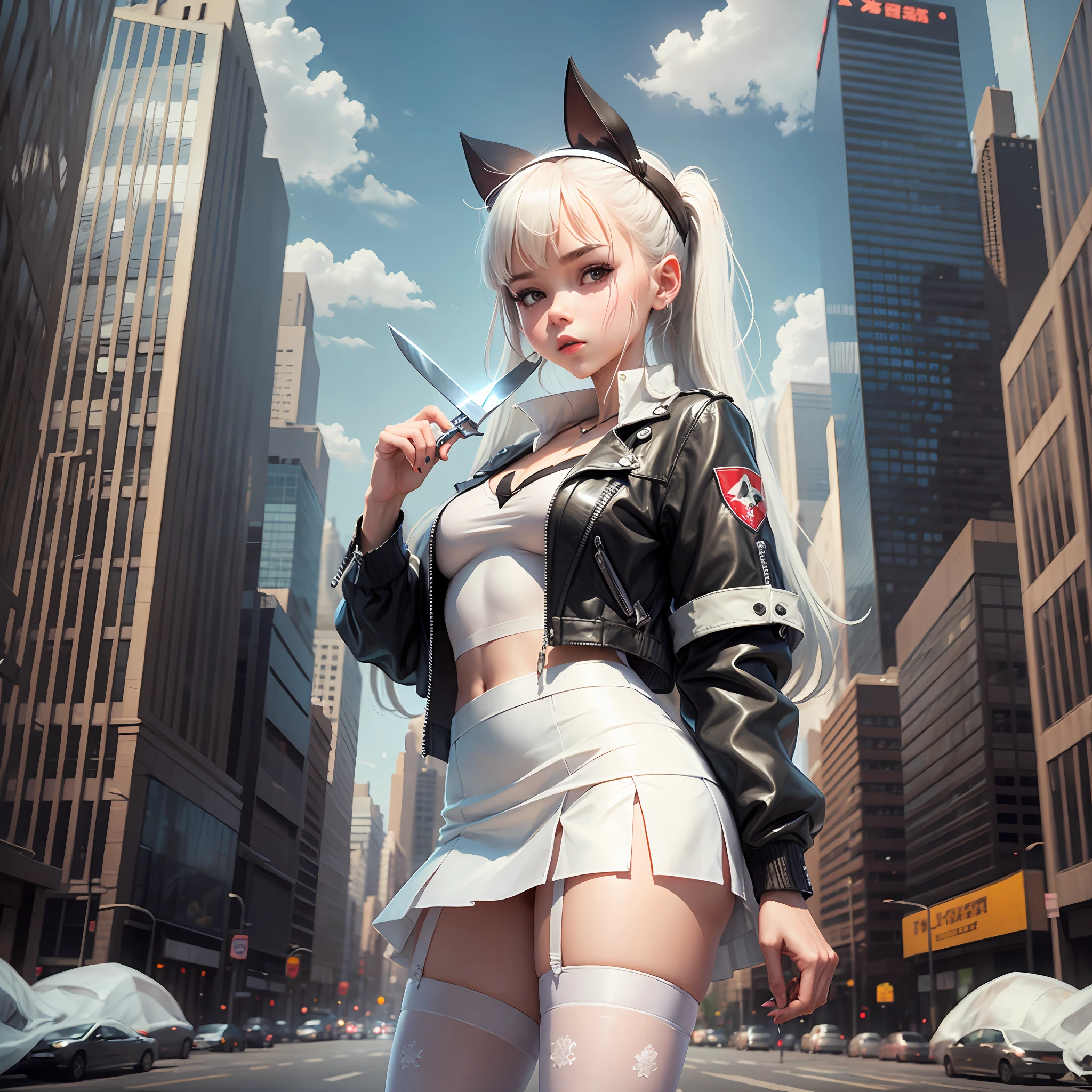 Girl with knife, wearing white stockings, miniskirt, comic image, in the city, --auto --s2
