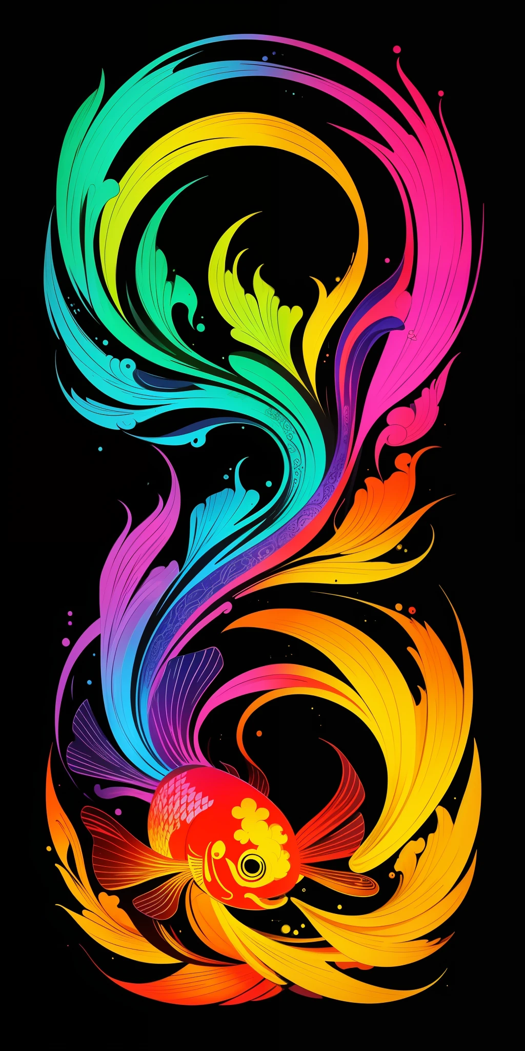 (masterpiece, best quality: 1.2), shukizuma, negative space, shuimobysim, ink painting, colorful colors, traditional Chinese, mythical fish, (smile), looking at the viewer, color saturation, bright colors, neon