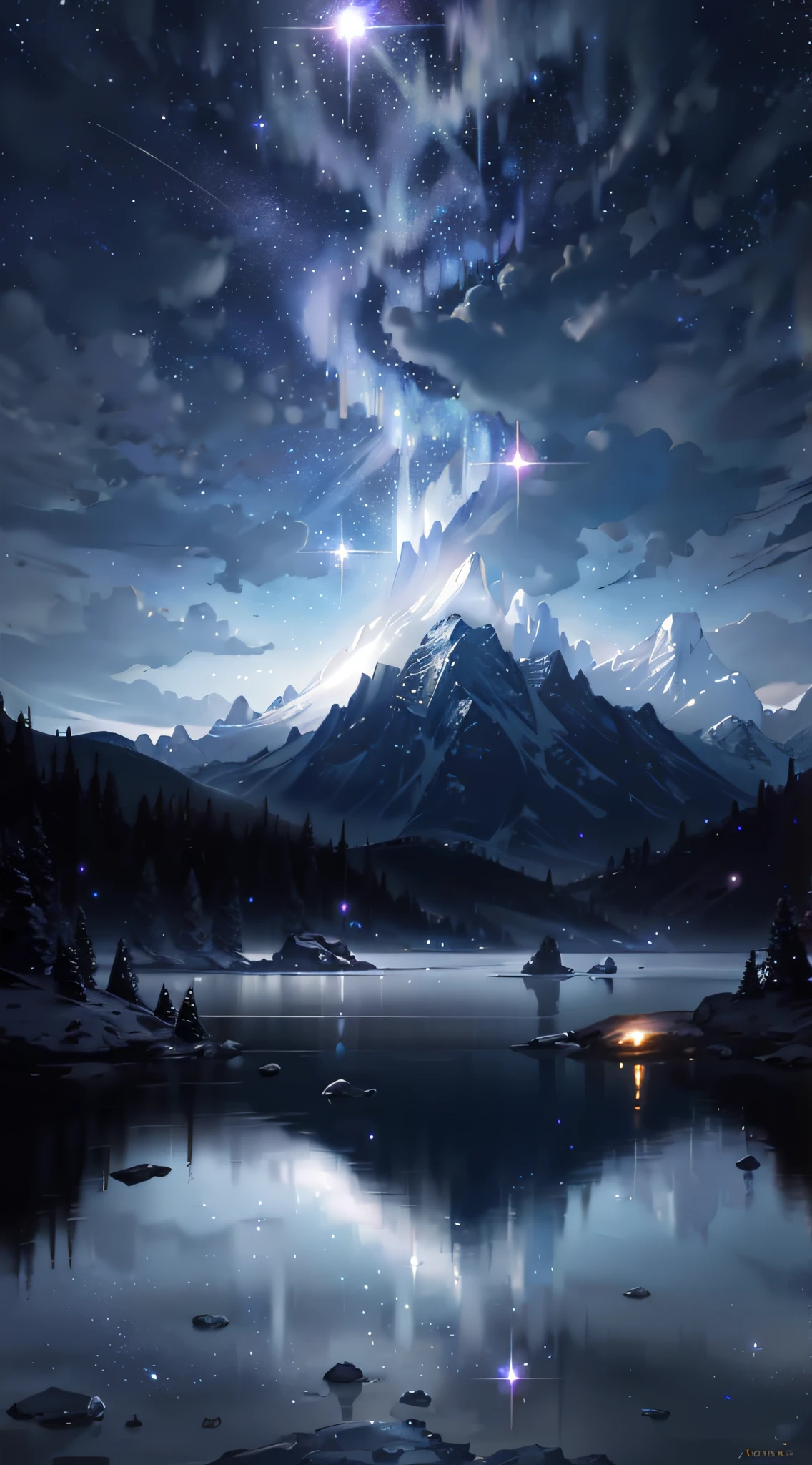 Starry Sky with Mountains and Lake, Jessica Rossier, Inspired by Jessica Rossier, Jessica Rossier Fantasy Art, Concept Art Magic Highlights, Official Artwork, Dream Painting, Ethereal Realm, Atmospheric artwork, dreamy matte paintings, serene endless stars inspired by Ted Nasmith, moonlit starry environments, epic music album covers.