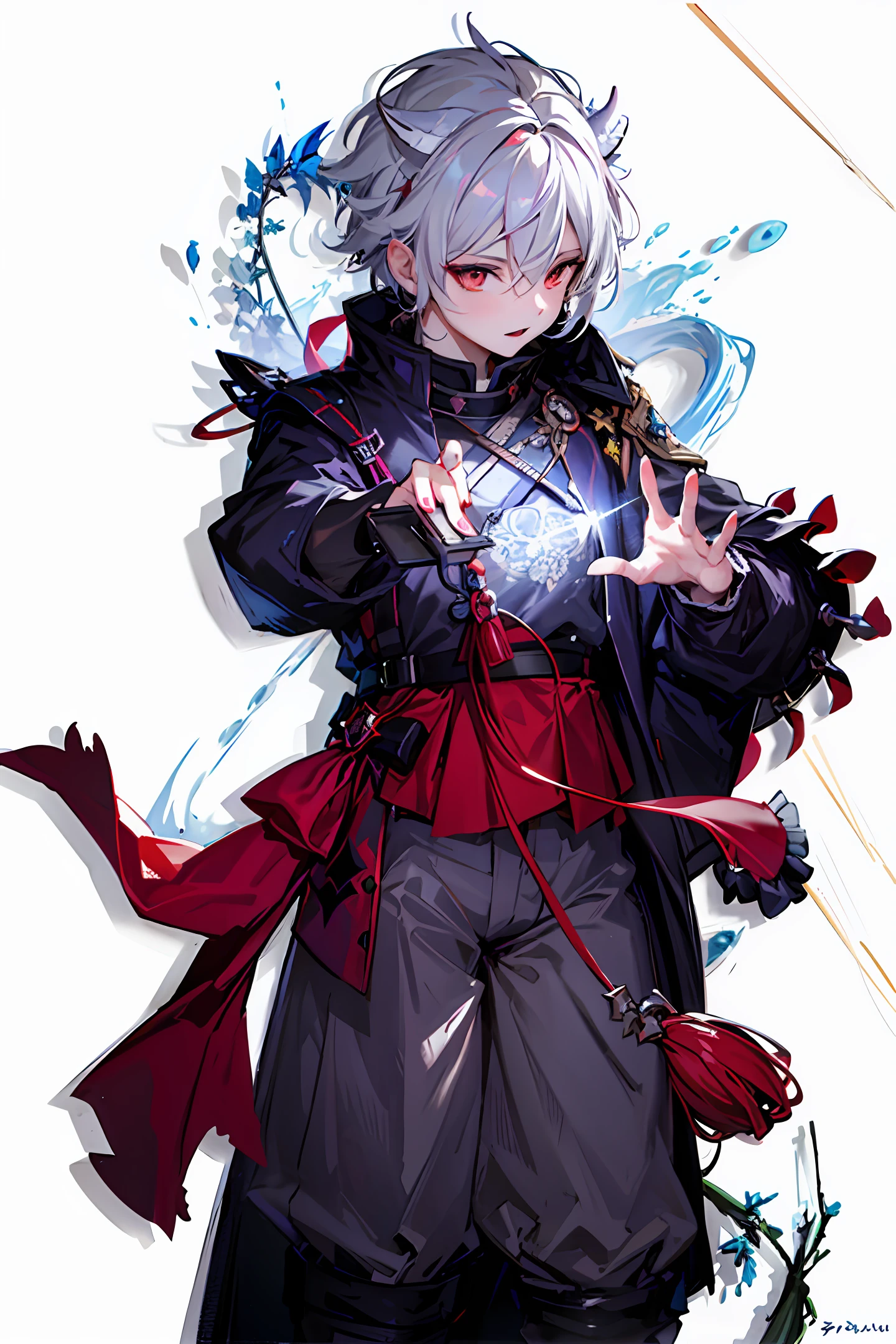 best quality, masterpiece, highres, 1boy,male,solo,upper body,arataki itto,vision (genshin impact), horns, white hair, (orange eyes|red eyes), black nails, jewelry, spikes,