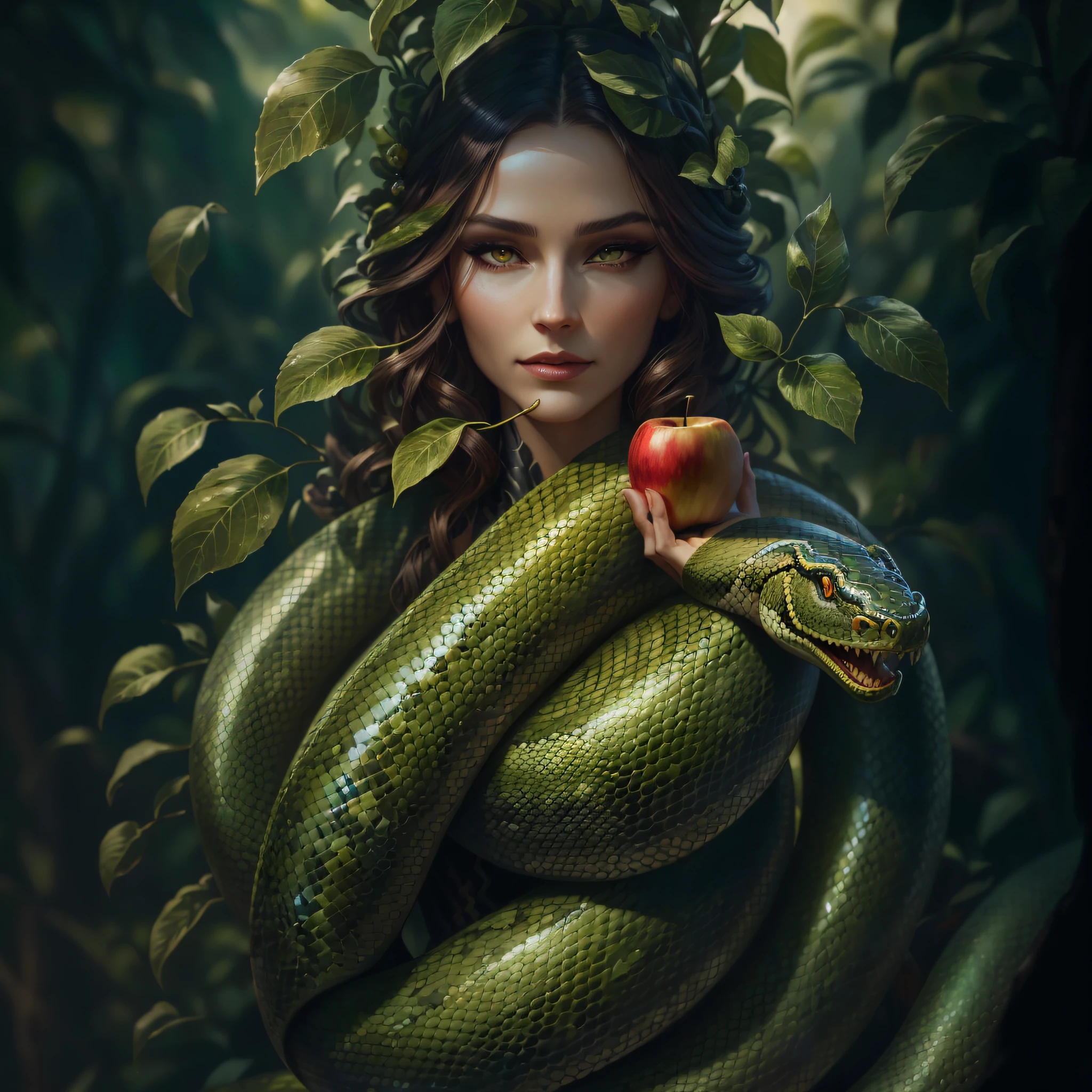 there is a woman holding a snake and apple in her hands, snake woman hybrid, snake woman, realistic fantasy illustration, fantasy art behance, beautiful digital artwork, queen of snakes, by Adam Marczyński, karol bak uhd, 8k high quality detailed art, realistic fantasy render, realistic fantasy artwork, snake-face lady, digital painting highly detailed