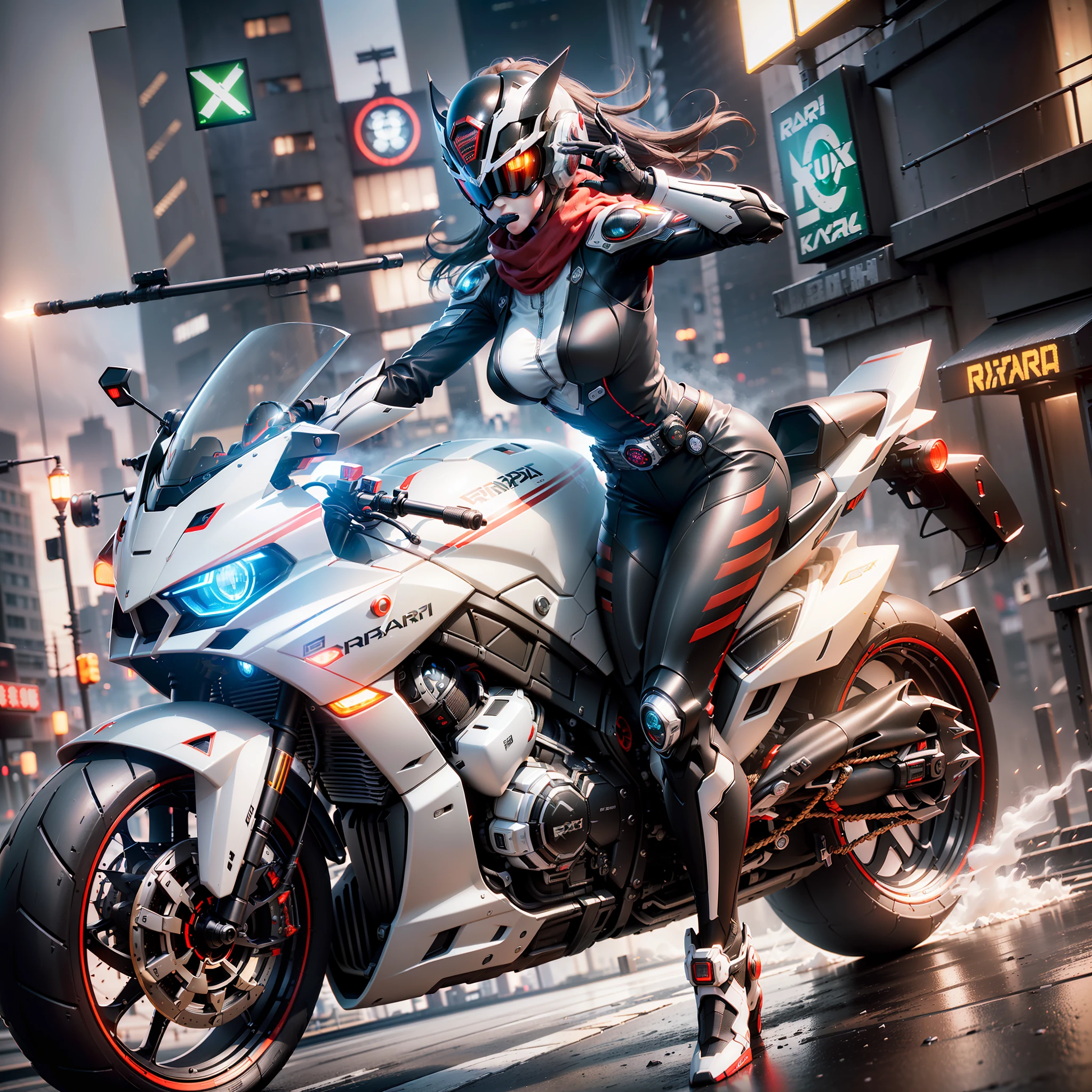 ((Best Quality)), ((Masterpiece)), (Details:1.4), 3D, Full Body Image, Image of Woman Driving a Cyberpunk Motorcycle, (((Dual Headlights)), White exterior with red lines, 6 exhaust silencers, Full cowl, Hypermachine, Racer style, ((Kamen Rider belt)), ((Kamen Rider style)), red scarf, Full face helmet with flying spider image, riding suit with cyber design, HDR (High Dynamic Range), Ray Tracing, NVIDIA RTX, Super Resolution, Unreal 5, Subsurface Scattering, PBR Texturing, Post-Processing, Anisotropic Filtering, Depth of Field, Maximum Clarity and Sharpness, Multi-layered Textures, Albedo and specular maps, surface shading, accurate simulation of light-material interactions, slender body, perfect proportions, sharp eyeliner, ((full body)), sharp focus, octane rendering, two-tone lighting, wide aperture, low ISO, white balance, rule of threes, 8K raw, circuit board AI , 4k, foggy, night city background,