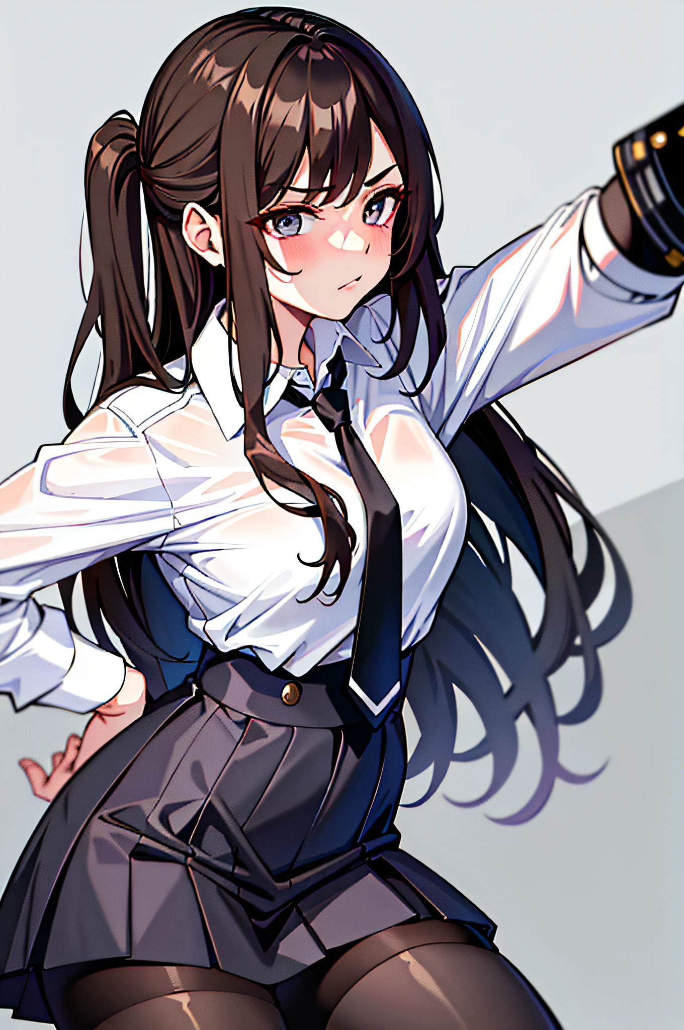 best quality, (masterpiece), ultra-detailed, (high resolution:1.1), (bold line), (sharp line), 1girl, school uniform, long tie, annoyed, (embassed), perfect face, beautiful face, in class, buttoned white shirt, brown hair|brunette hair, black stockings, tied hair, medium long hair, dynamic angle, (text )