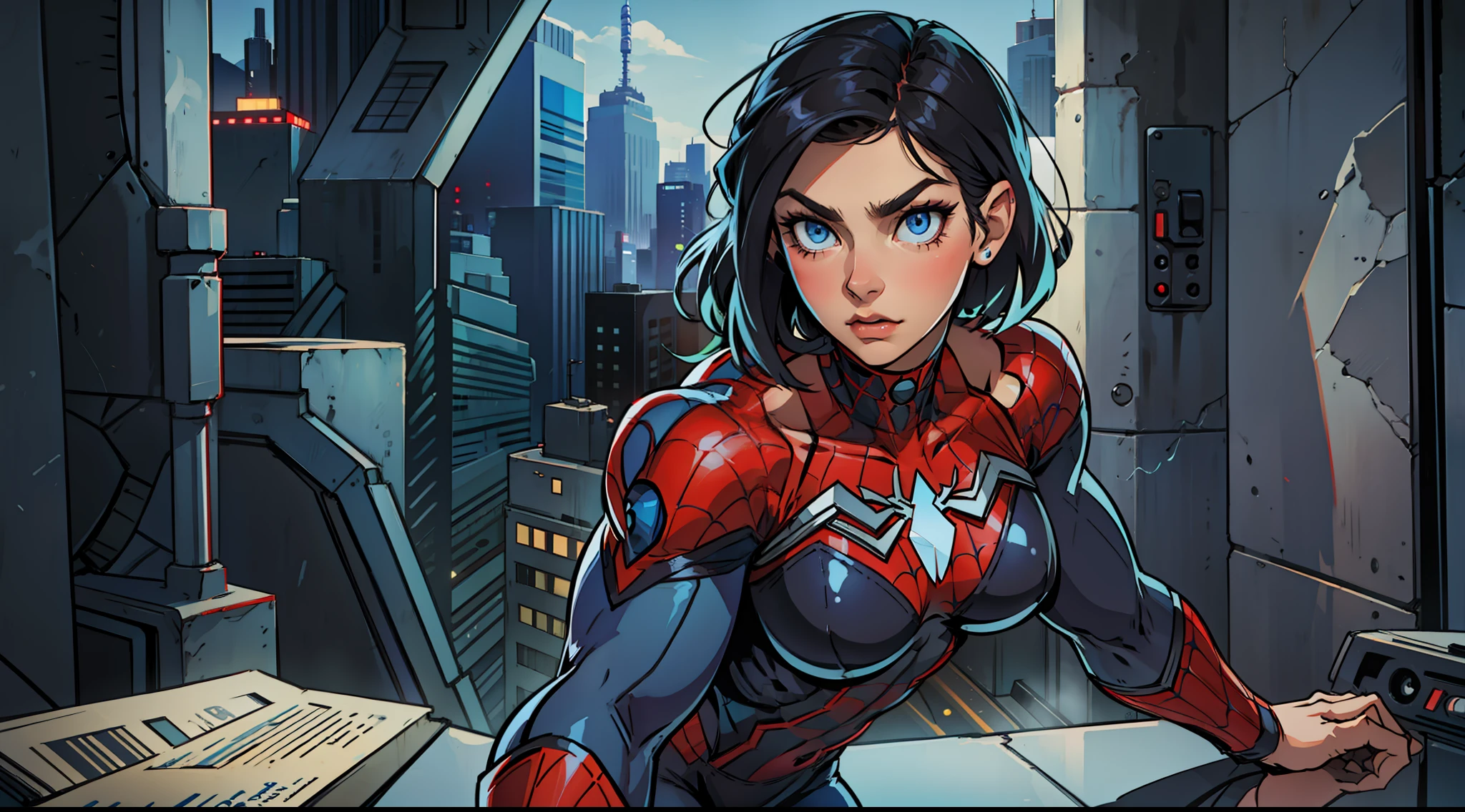 spider-woman in suit, black hair, blue eyes, large breasts, wide hips --auto --s2