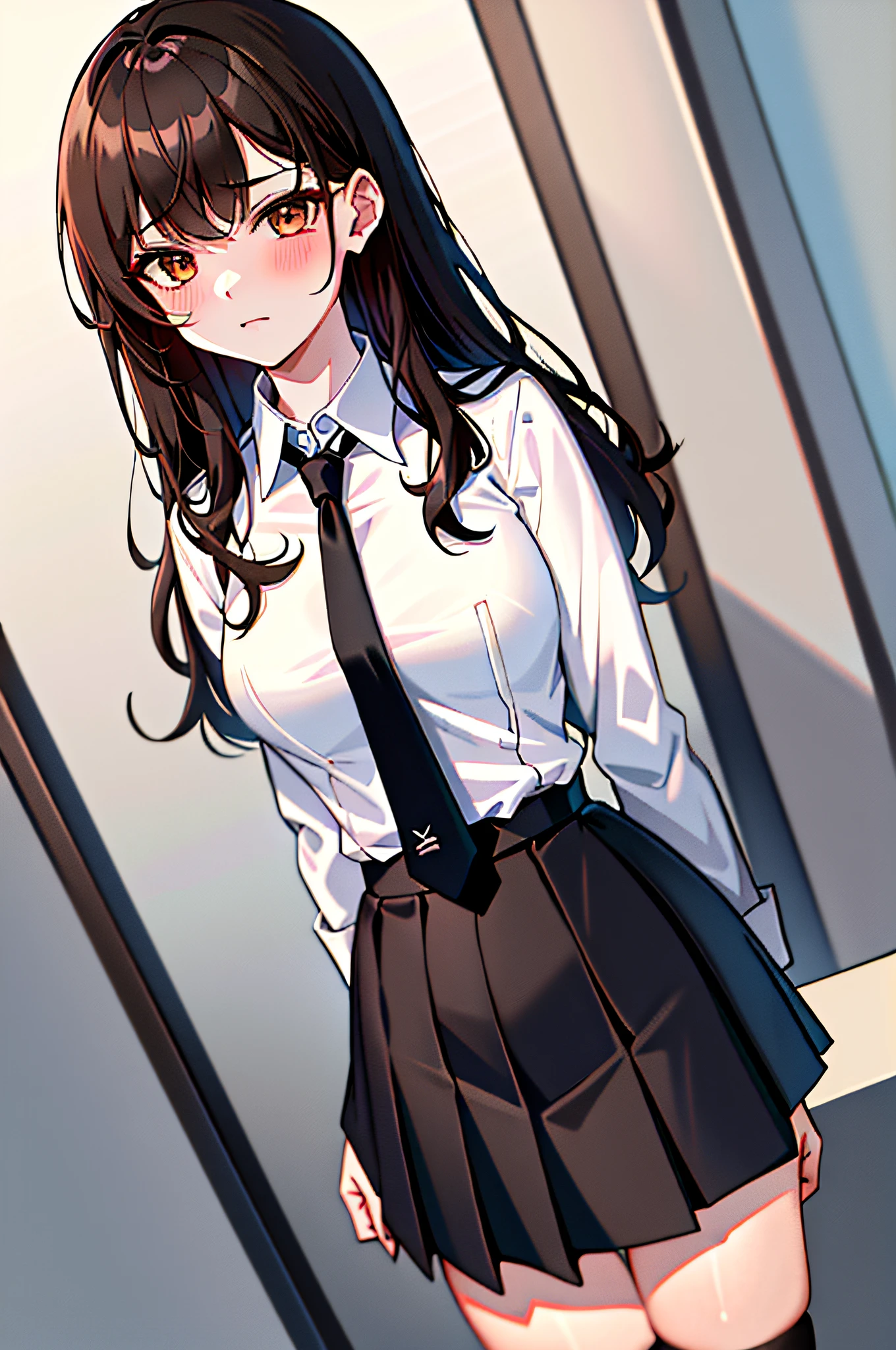 best quality, (masterpiece), ultra-detailed, (high resolution:1.1), (bold line), (sharp line), 1girl, school uniform, long tie, annoyed, (embassed), perfect face, beautiful face, in class, buttoned white shirt, brown hair|brunette hair, black stockings, tied hair, medium long hair, dynamic angle, (text )
