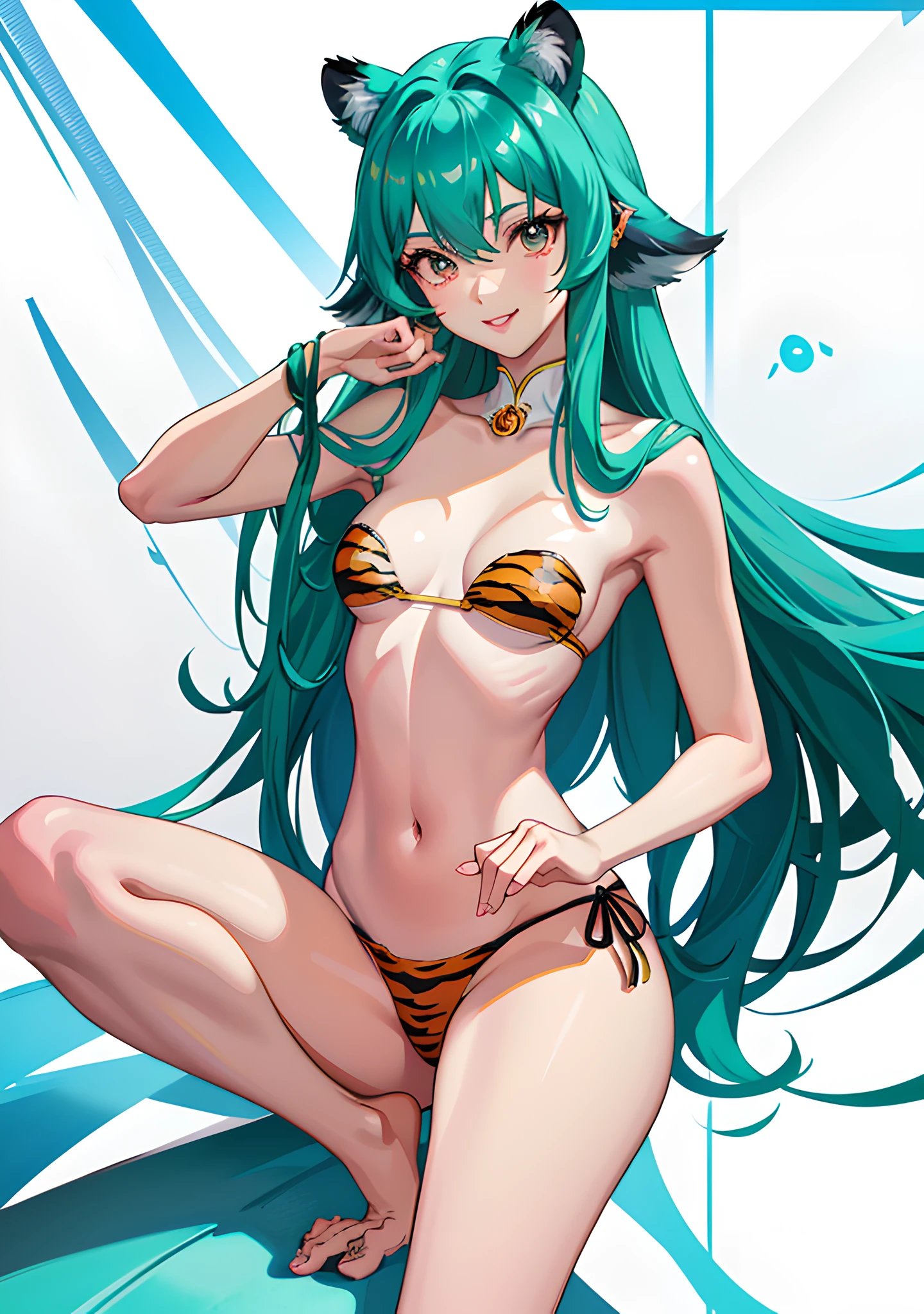 Urusei Yatsura, Ram, tiger print strapless bikini, 1990s anime, thigh to head , sitting, (1 girl) focus around the eyes, ultra-thin body Skinny, female waist Long to loose hair, bangs from bangs to forehead, medium bangs extending between the eyes, tufts growing from the sides of the head green hair, shiny hair, more beautiful face, smile, beautiful detailed deep eyes, fang middle chest, long legs, eye color (blue), Real skin texture, clavicle visible, thigh visible, tiger print, glittering, ultra high definition 8K, CG wallpaper, better quality, cosplayer, pale pink lips, (2 legs)