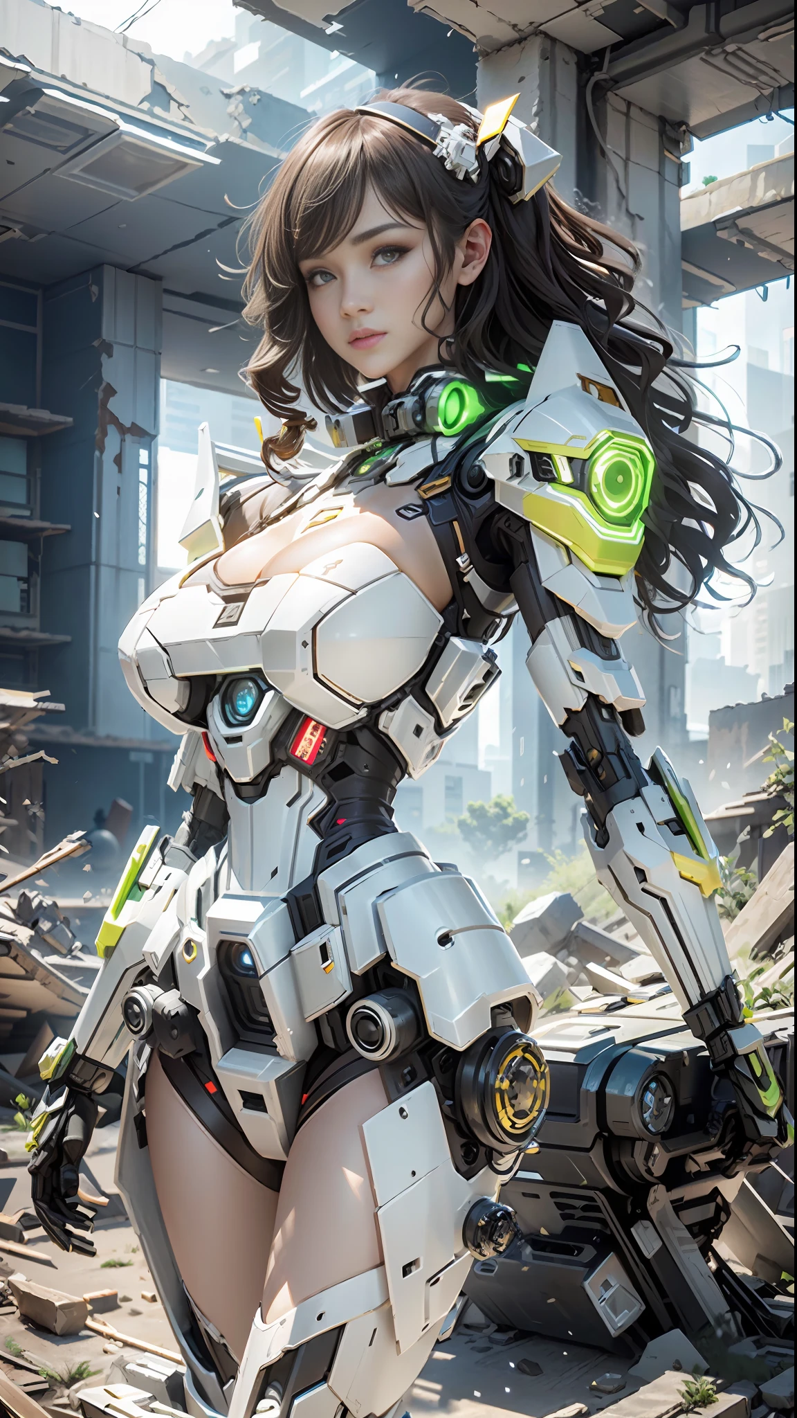 ((Best Quality)), ((Masterpiece)), (Very Detailed:1.3), 3D, Shitu-mecha, Beautiful cyberpunk super sexy big breasts woman with her mecha in the ruins of a city in the forgotten war, ancient technology, HDR (High Dynamic Range), ray tracing, NVIDIA RTX, super resolution, Unreal 5, subsurface scattering, PBR texture, post-processing, anisotropic filtering, depth of field, maximum sharpness and sharpness, multi-layer texture, albedo and highlight maps, Surface shading, accurate simulation of light-material interactions, perfect ratios, octane rendering, duotone lighting, low ISO, white balance, rule of thirds, wide aperture, 8K RAW, high efficiency sub-pixels, subpixel convolution, luminous particles, light scattering, Tyndall effect