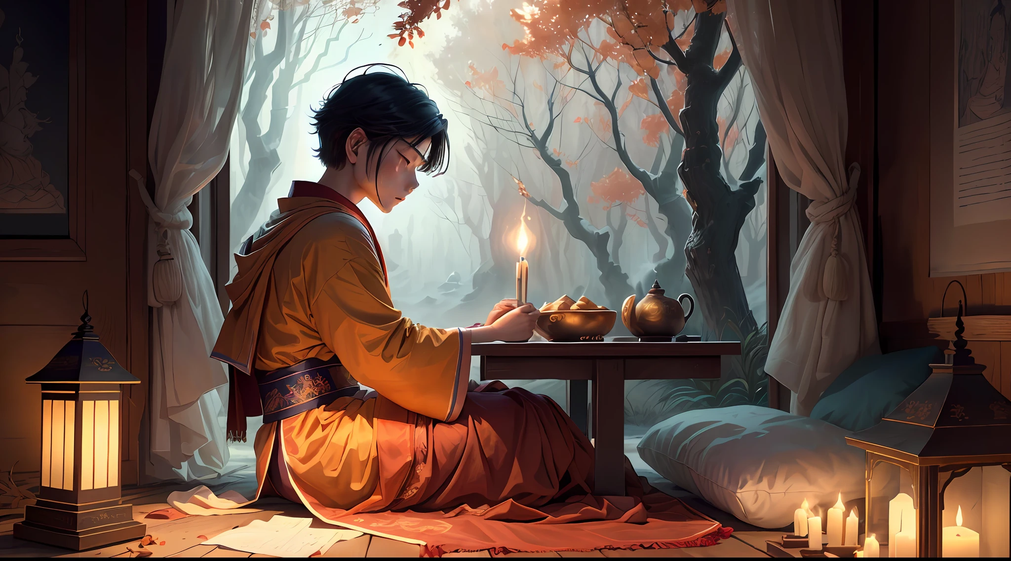 Masterpiece, best quality, (very detailed CG Unity 8k wallpaper), (best quality), (best illustration), (best shadow), absurd, realistic lighting, "night magpie mountain, west window provocation, look at thousands of households, bright lights, shadows only, boys mumble with loneliness, what is love, tossing and turning, fixed love, ten years overdue, can't find, lovesickness for whom, boys wear Buddhist clothes, have eaten fasting prayers, donors are safe and sound without crying, boys return to Buddha's heart, six desires are pure, autumn breeze is desolate, The grass and trees are merciless, the night is quiet, the west window is provocative, look at ten thousand homes, The lights are bright, the shadow is only, the boy mutters with loneliness, why love, tossing and turning, fixed love, ten years overdue, can't find, who is lovesickness, the boy wears Buddhist clothes, eats fasting and recite Buddhist scriptures, the donor is safe and sound, does not cry, I return to the heart of the Buddha, The six desires are pure, the autumn breeze is desolate, the grass and trees are merciless, the Buddha said, let go of love and hate, see through the red dust, the seven emotions and six desires no longer mess with my heart, fate is over, I left the family, compassion left a few points, I ask the female benefactor you to go slowly, I put on the Buddhist robes, eat fast and chant the Buddhist scriptures, the alms are safe and sound and do not cry, I return to the Buddha's heart, the six desires are pure, the autumn breeze is desolate, the grass and trees are merciless, I put on the Buddhist clothes, Eat fasting and chanting, the donor is safe and sound without crying, I return to the Buddha's heart, the six desires are pure, the autumn breeze is desolate, the grass and trees are merciless", the art of Peter Morbach,