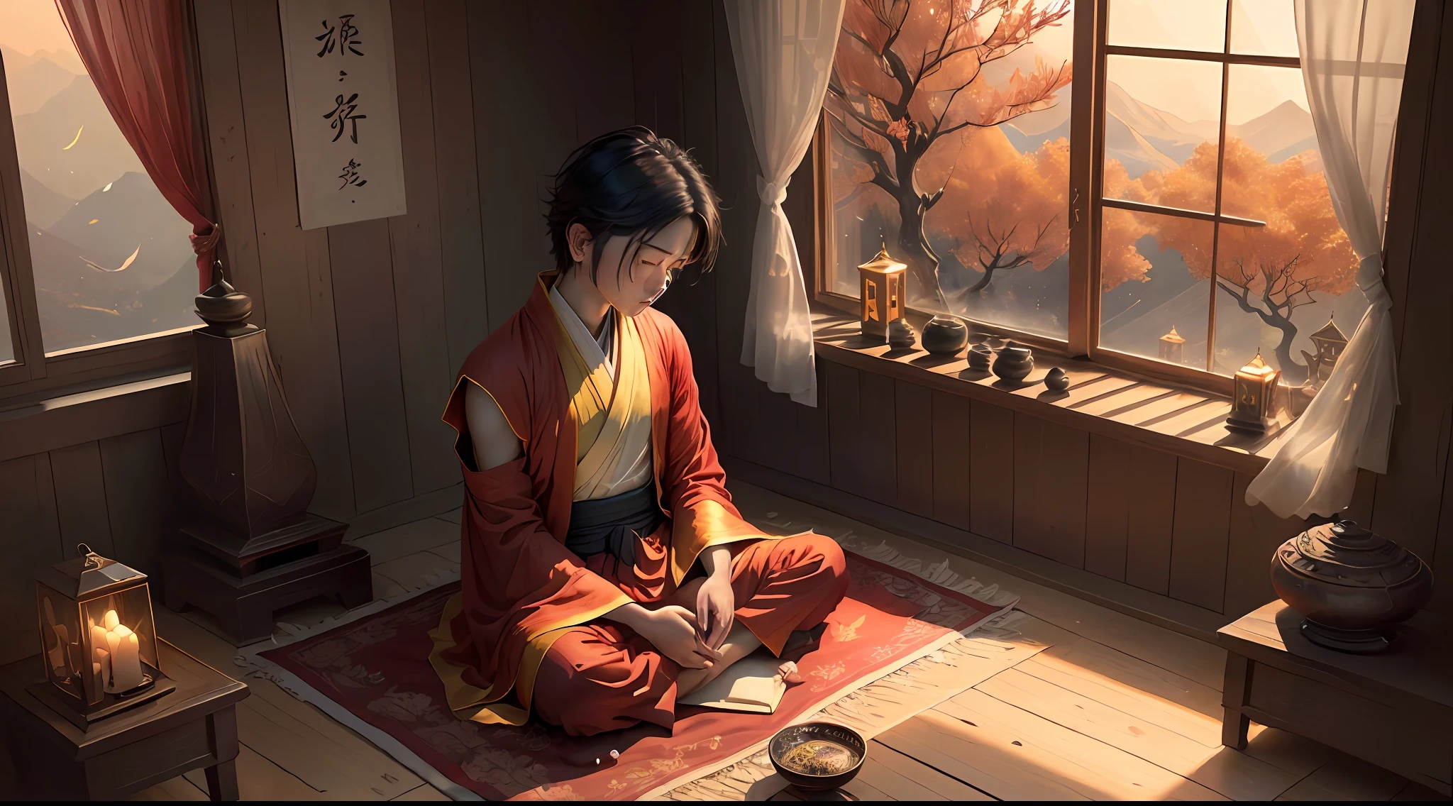 Masterpiece, best quality, (very detailed CG Unity 8k wallpaper), (best quality), (best illustration), (best shadow), absurd, realistic lighting, "night magpie mountain, west window provocation, look at thousands of households, bright lights, shadows only, boys mumble with loneliness, what is love, tossing and turning, fixed love, ten years overdue, can't find, lovesickness for whom, boys wear Buddhist clothes, have eaten fasting prayers, donors are safe and sound without crying, boys return to Buddha's heart, six desires are pure, autumn breeze is desolate, The grass and trees are merciless, the night is quiet, the west window is provocative, look at ten thousand homes, The lights are bright, the shadow is only, the boy mutters with loneliness, why love, tossing and turning, fixed love, ten years overdue, can't find, who is lovesickness, the boy wears Buddhist clothes, eats fasting and recite Buddhist scriptures, the donor is safe and sound, does not cry, I return to the heart of the Buddha, The six desires are pure, the autumn breeze is desolate, the grass and trees are merciless, the Buddha said, let go of love and hate, see through the red dust, the seven emotions and six desires no longer mess with my heart, fate is over, I left the family, compassion left a few points, I ask the female benefactor you to go slowly, I put on the Buddhist robes, eat fast and chant the Buddhist scriptures, the alms are safe and sound and do not cry, I return to the Buddha's heart, the six desires are pure, the autumn breeze is desolate, the grass and trees are merciless, I put on the Buddhist clothes, Eat fasting and chanting, the donor is safe and sound without crying, I return to the Buddha's heart, the six desires are pure, the autumn breeze is desolate, the grass and trees are merciless", the art of Peter Morbach,