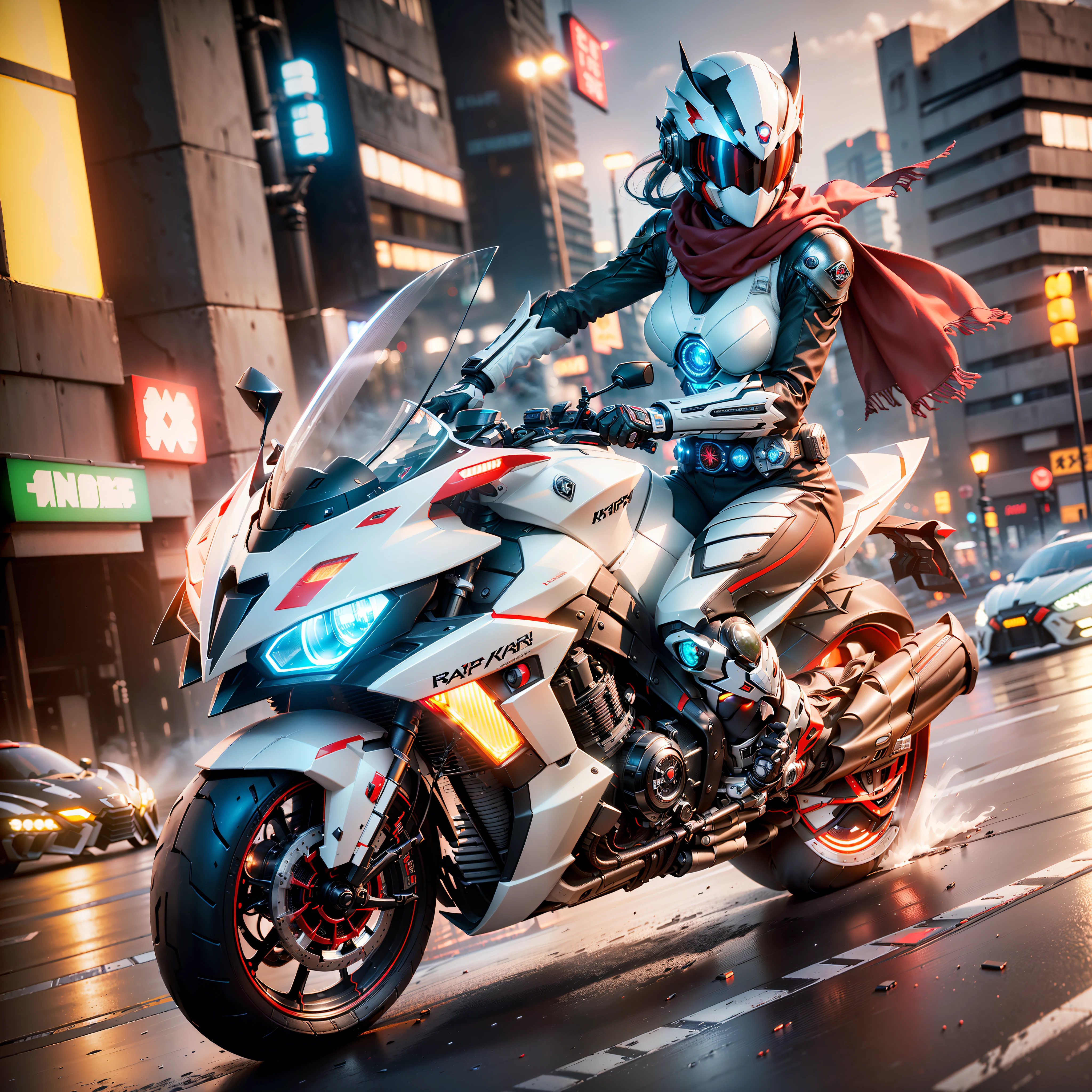 ((Best Quality)), ((Masterpiece)), (Details:1.4), 3D, Full Body Image, Image of Woman Driving a Cyberpunk Motorcycle, (((Dual Headlights)), White exterior with red lines, 6 exhaust silencers, Full cowl, Hypermachine, Racer style, ((Kamen Rider belt)), ((Kamen Rider style)), red scarf, Full-face helmet with flying locust, black riding suit with cyber design, HDR (High Dynamic Range), Ray Tracing, NVIDIA RTX, Super Resolution, Unreal 5, Subsurface Scattering, PBR Texturing, Post-Processing, Anisotropic Filtering, Depth of Field, Maximum Clarity and Sharpness, Multi-layered Textures ,Albedo and specular maps,Surface shading,Accurate simulation of light-material interaction,Slender body,Perfect proportions,Sharp eyeliner,((Full body),Sharp focus,Octane rendering,Two-tone lighting,Wide aperture,Low ISO,White Balance,Rule of Third,8K RAW, circuit board AI, 4k, foggy, night city background,