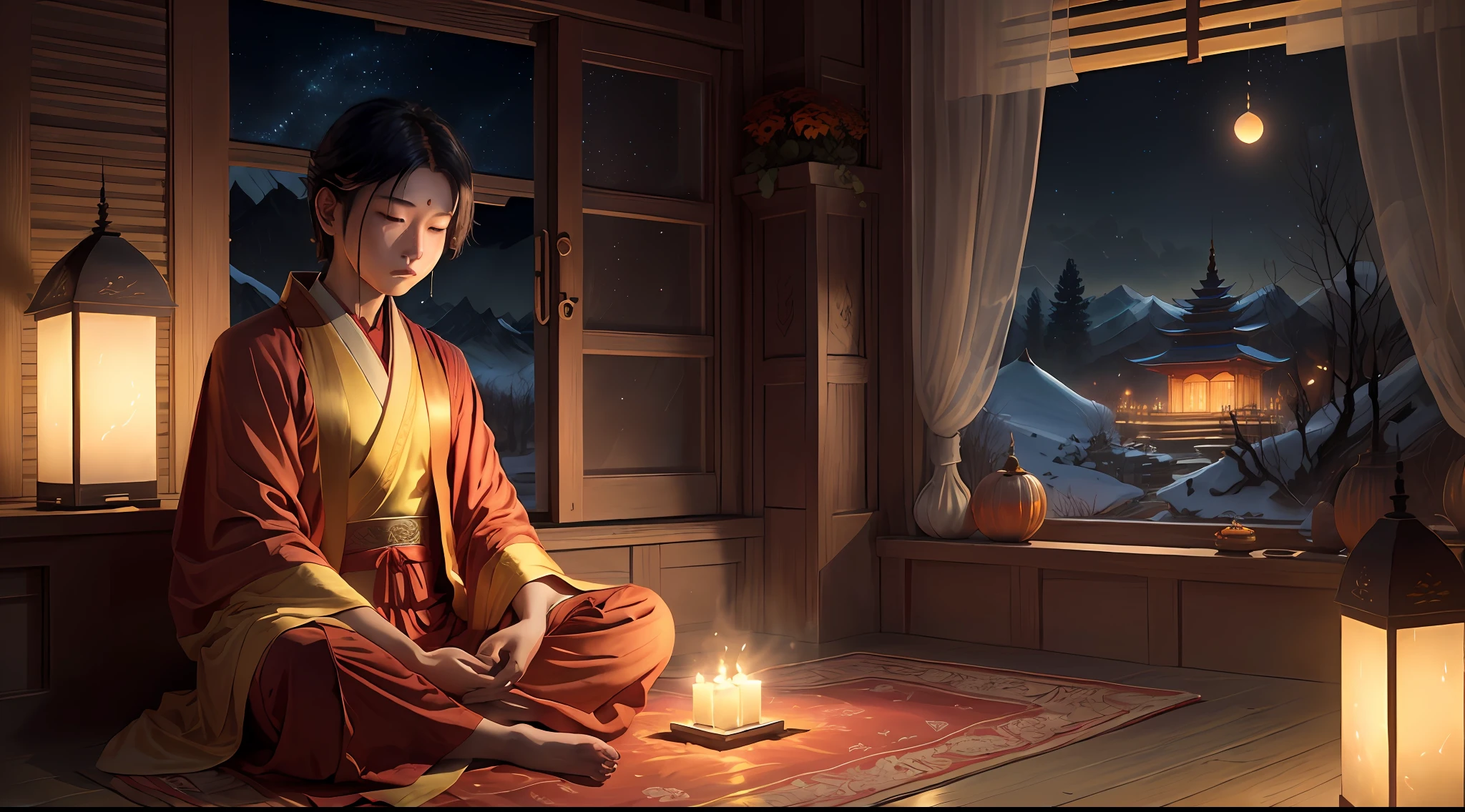 Masterpiece, best quality, (very detailed CG Unity 8k wallpaper), (best quality), (best illustration), (best shadow), absurd, realistic lighting, "night magpie mountain, west window provocation, look at thousands of households, bright lights, shadows only, boys mumble with loneliness, what is love, tossing and turning, fixed love, ten years overdue, can't find, lovesickness for whom, boys wear Buddhist clothes, have eaten fasting prayers, donors are safe and sound without crying, boys return to Buddha's heart, six desires are pure, autumn breeze is desolate, The grass and trees are merciless, the night is quiet, the west window is provocative, look at ten thousand homes, The lights are bright, the shadow is only, the boy mutters with loneliness, why love, tossing and turning, fixed love, ten years overdue, can't find, who is lovesickness, the boy wears Buddhist clothes, eats fasting and recite Buddhist scriptures, the donor is safe and sound, does not cry, I return to the heart of the Buddha, The six desires are pure, the autumn breeze is desolate, the grass and trees are merciless, the Buddha said, let go of love and hate, see through the red dust, the seven emotions and six desires no longer mess with my heart, fate is over, I left the family, compassion left a few points, I ask the female benefactor you to go slowly, I put on the Buddhist robes, eat fast and chant the Buddhist scriptures, the alms are safe and sound and do not cry, I return to the Buddha's heart, the six desires are pure, the autumn breeze is desolate, the grass and trees are merciless, I put on the Buddhist clothes, Eat fasting and chanting, the donor is safe and sound without crying, I return to the Buddha's heart, the six desires are pure, the autumn breeze is desolate, the grass and trees are merciless", the art of Peter Morbach,