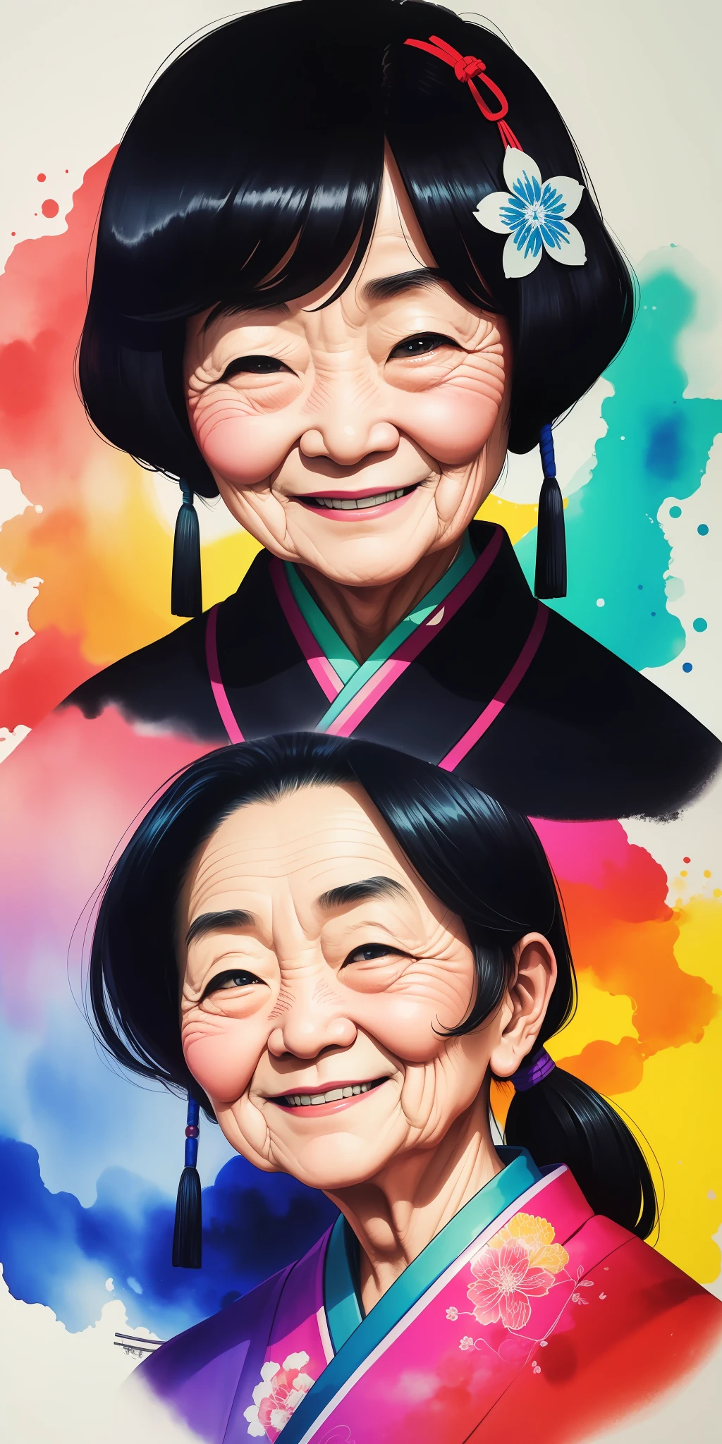 (masterpiece, best quality: 1.2), shukizuma, negative space, shuimobysim, ink painting, colorful colors, traditional Chinese, elderly face, (smile), looking at the viewer, saturation, bright colors, neon