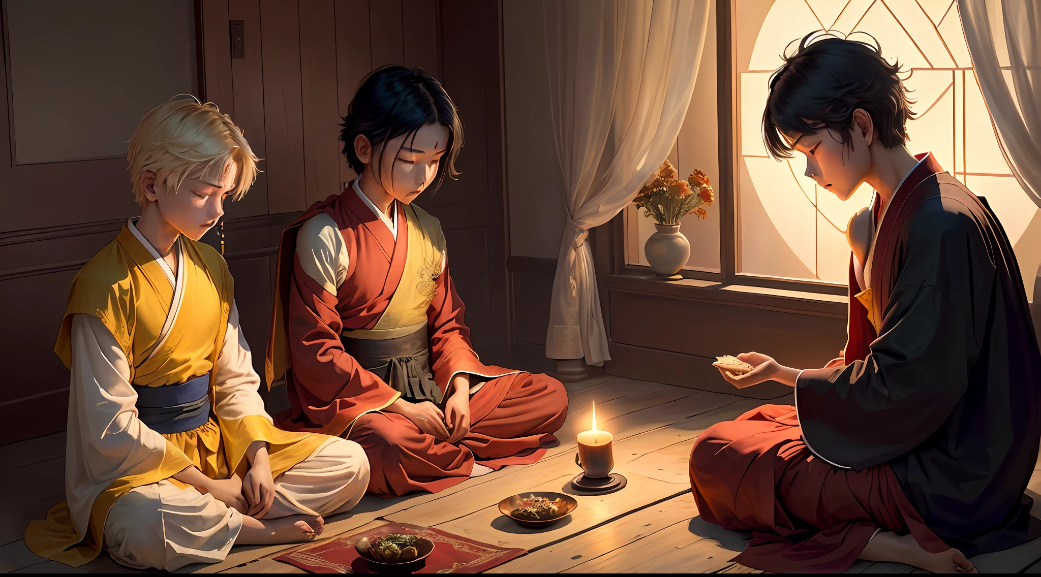 Masterpiece, best quality, (very detailed CG Unity 8k wallpaper), (best quality), (best illustration), (best shadow), absurd, realistic lighting, "night magpie mountain, west window provocation, look at thousands of households, bright lights, shadows only, boys mumble with loneliness, what is love, tossing and turning, fixed love, ten years overdue, can't find, lovesickness for whom, boys wear Buddhist clothes, have eaten fasting prayers, donors are safe and sound without crying, boys return to Buddha's heart, six desires are pure, autumn breeze is desolate, The grass and trees are merciless, the night is quiet, the west window is provocative, look at ten thousand homes, The lights are bright, the shadow is only, the boy mutters with loneliness, why love, tossing and turning, fixed love, ten years overdue, can't find, who is lovesickness, the boy wears Buddhist clothes, eats fasting and recite Buddhist scriptures, the donor is safe and sound, does not cry, I return to the heart of the Buddha, The six desires are pure, the autumn breeze is desolate, the grass and trees are merciless, the Buddha said, let go of love and hate, see through the red dust, the seven emotions and six desires no longer mess with my heart, fate is over, I left the family, compassion left a few points, I ask the female benefactor you to go slowly, I put on the Buddhist robes, eat fast and chant the Buddhist scriptures, the alms are safe and sound and do not cry, I return to the Buddha's heart, the six desires are pure, the autumn breeze is desolate, the grass and trees are merciless, I put on the Buddhist clothes, Eat fasting and chanting, the donor is safe and sound without crying, I return to the Buddha's heart, the six desires are pure, the autumn breeze is desolate, the grass and trees are merciless", the art of Peter Morbach,
