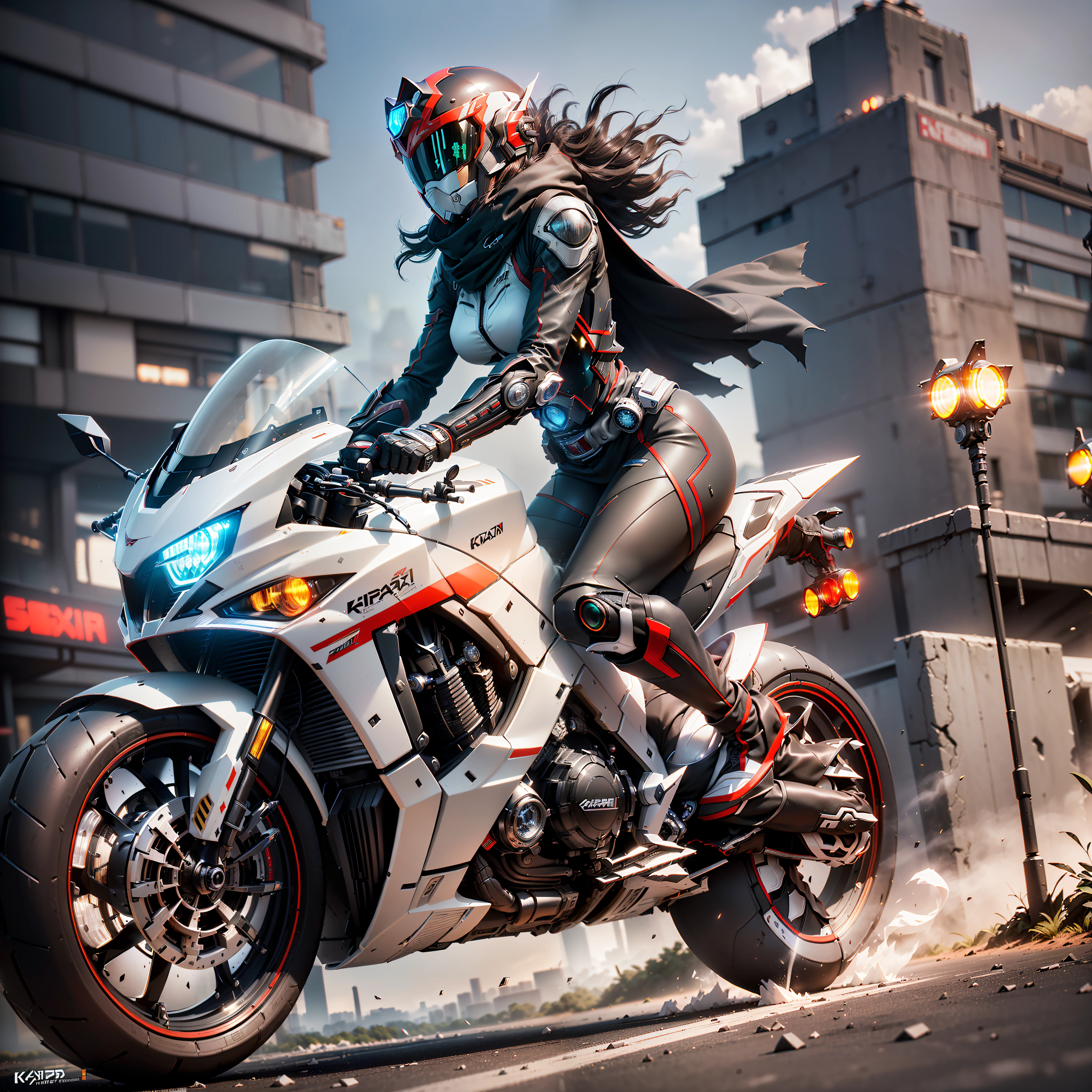 ((Best Quality)), ((Masterpiece)), (Details:1.4), 3D, Full Body Image, Image of Woman Driving a Cyberpunk Motorcycle, (((Dual Headlights)), White exterior with red lines, 6 exhaust silencers, Full cowl, Hypermachine, Racer style, ((Kamen Rider belt)), ((Kamen Rider style)), red scarf, Full-face helmet with flying locust, black riding suit with cyber design, HDR (High Dynamic Range), Ray Tracing, NVIDIA RTX, Super Resolution, Unreal 5, Subsurface Scattering, PBR Texturing, Post-Processing, Anisotropic Filtering, Depth of Field, Maximum Clarity and Sharpness, Multi-layered Textures ,Albedo and specular maps,Surface shading,Accurate simulation of light-material interaction,Slender body,Perfect proportions,Sharp eyeliner,((Full body),Sharp focus,Octane rendering,Two-tone lighting,Wide aperture,Low ISO,White Balance,Rule of Third,8K RAW, circuit board AI, 4k, foggy, night city background,