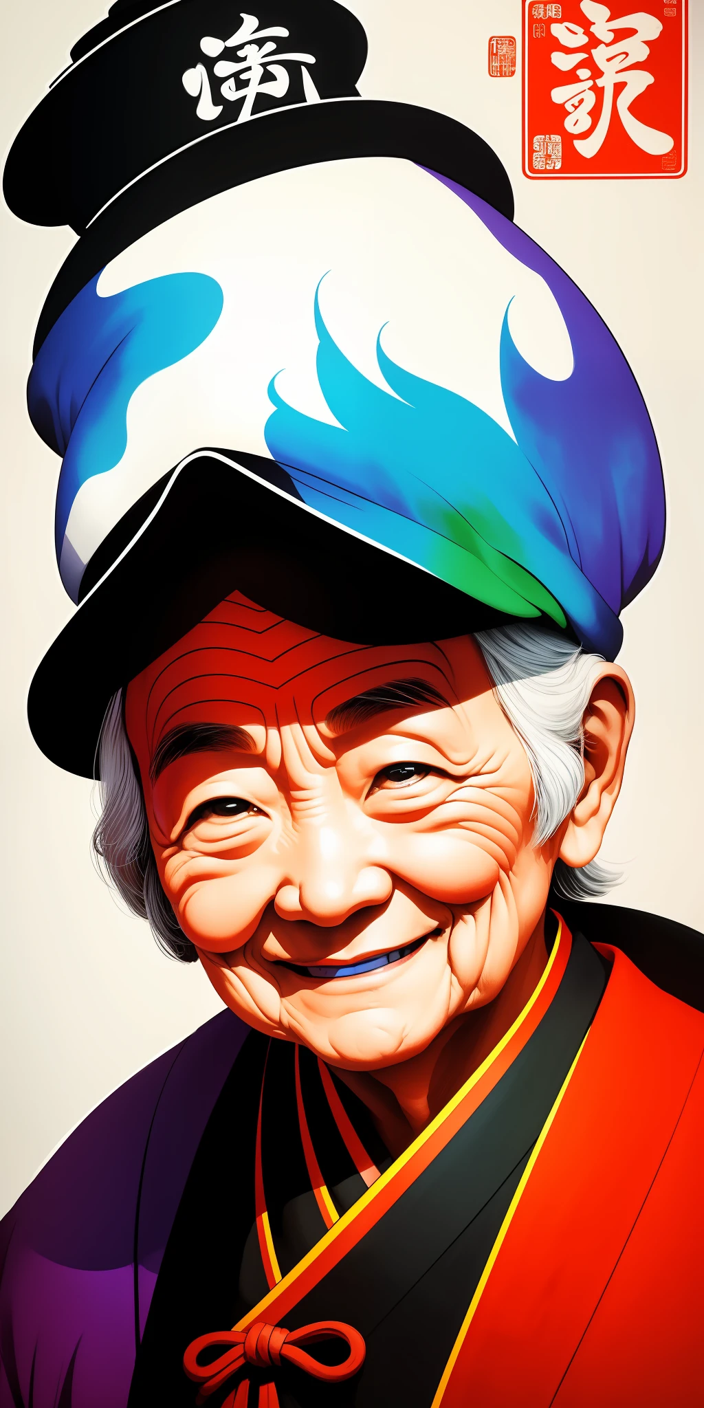 (masterpiece, best quality: 1.2), shukizuma, negative space, shuimobysim, ink painting, colorful colors, traditional Chinese, elderly face, (smile), looking at the viewer, saturation, bright colors, neon