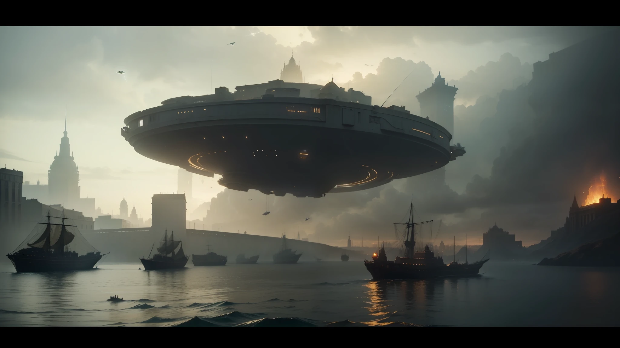 arafed flying object in the air over a city with boats, still frame from prometheus, steampunk acessoires, jaime jasso, by Benito Quinquela Martín, cutscene, in formation, similar to the bifrost, inspired by Théodore Géricault, prometheus (2012), dredd