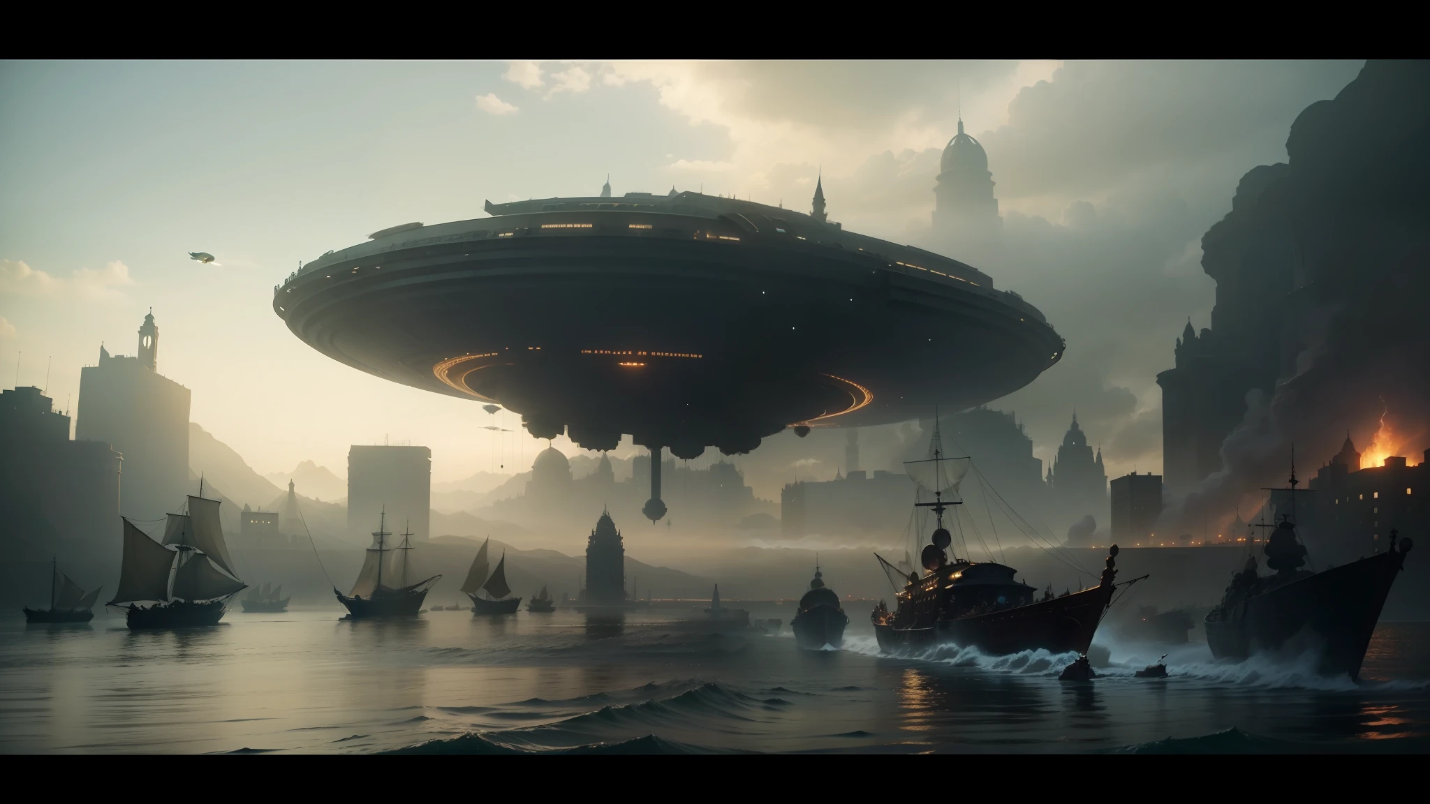 arafed flying object in the air over a city with boats, still frame from prometheus, steampunk acessoires, jaime jasso, by Benito Quinquela Martín, cutscene, in formation, similar to the bifrost, inspired by Théodore Géricault, prometheus (2012), dredd