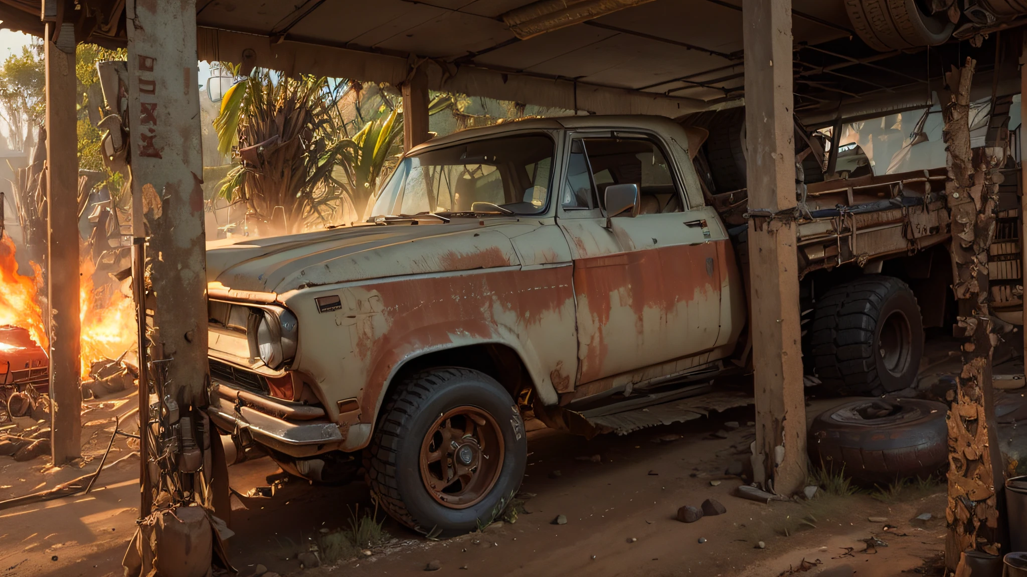 "Mad Max style, with huge tires, rust, dirt, high quality and resolution, incredible realism, flames and blood spaces everywhere." --auto --s2