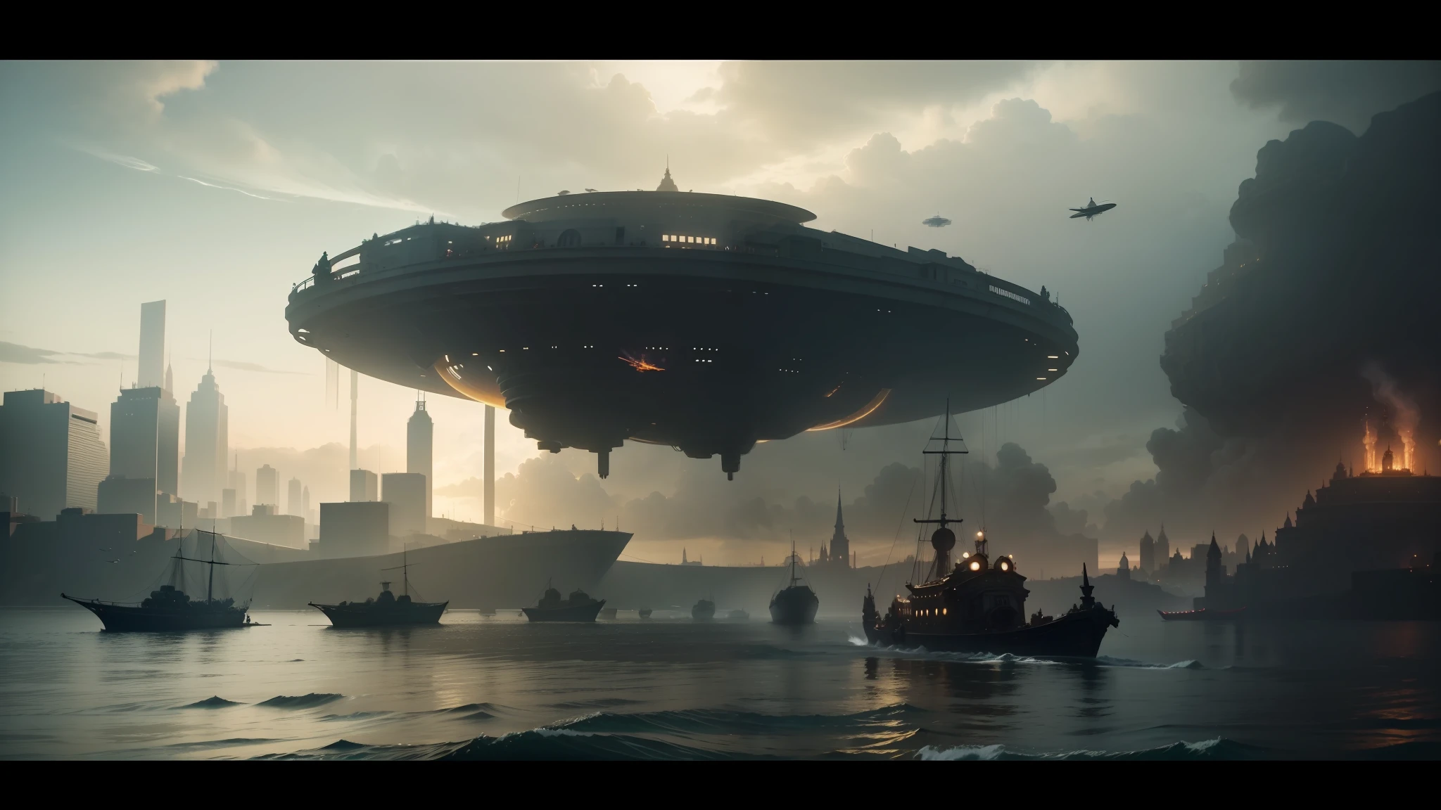 arafed flying object in the air over a city with boats, still frame from prometheus, steampunk acessoires, jaime jasso, by Benito Quinquela Martín, cutscene, in formation, similar to the bifrost, inspired by Théodore Géricault, prometheus (2012), dredd