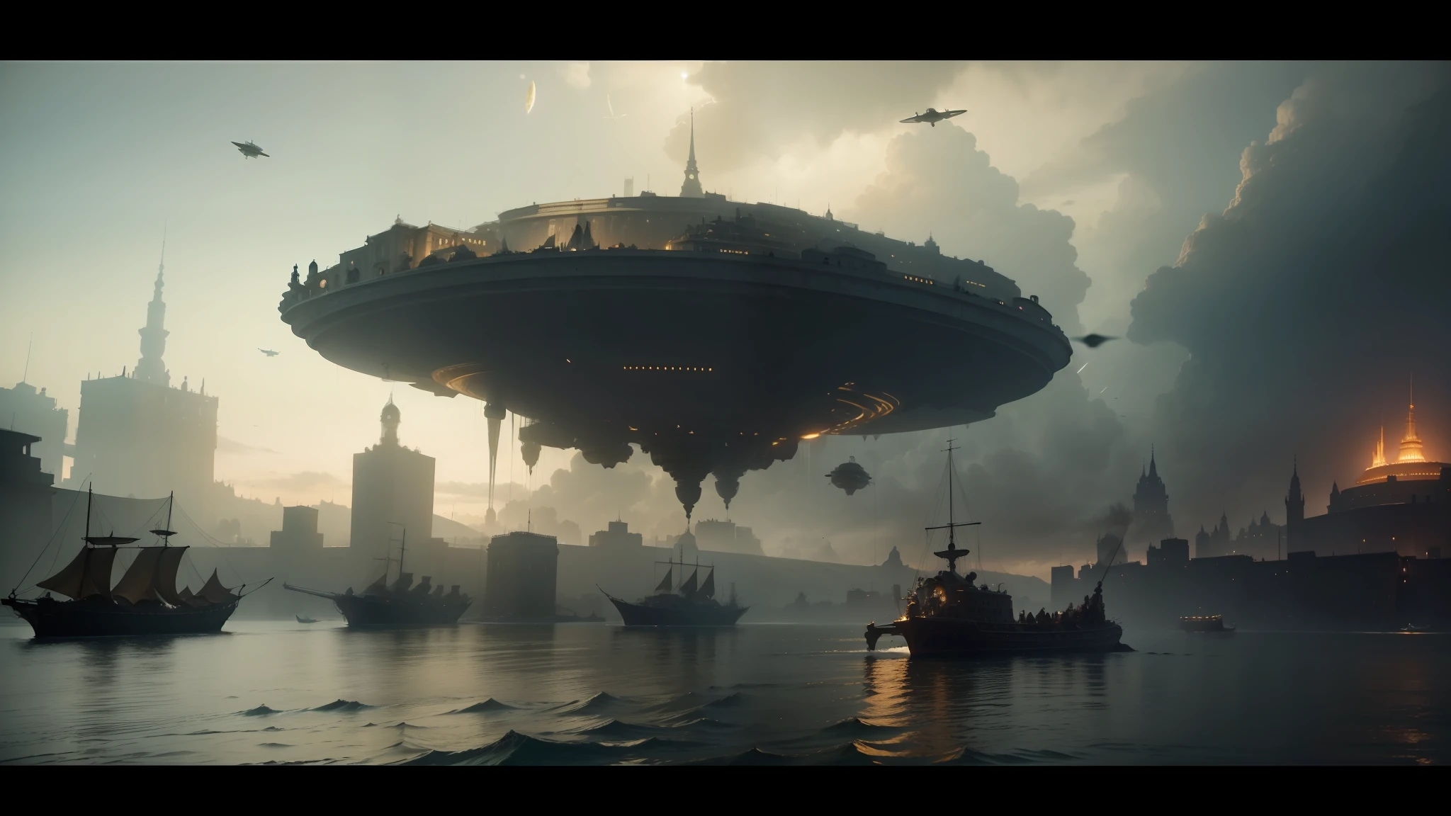 arafed flying object in the air over a city with boats, still frame from prometheus, steampunk acessoires, jaime jasso, by Benito Quinquela Martín, cutscene, in formation, similar to the bifrost, inspired by Théodore Géricault, prometheus (2012), dredd