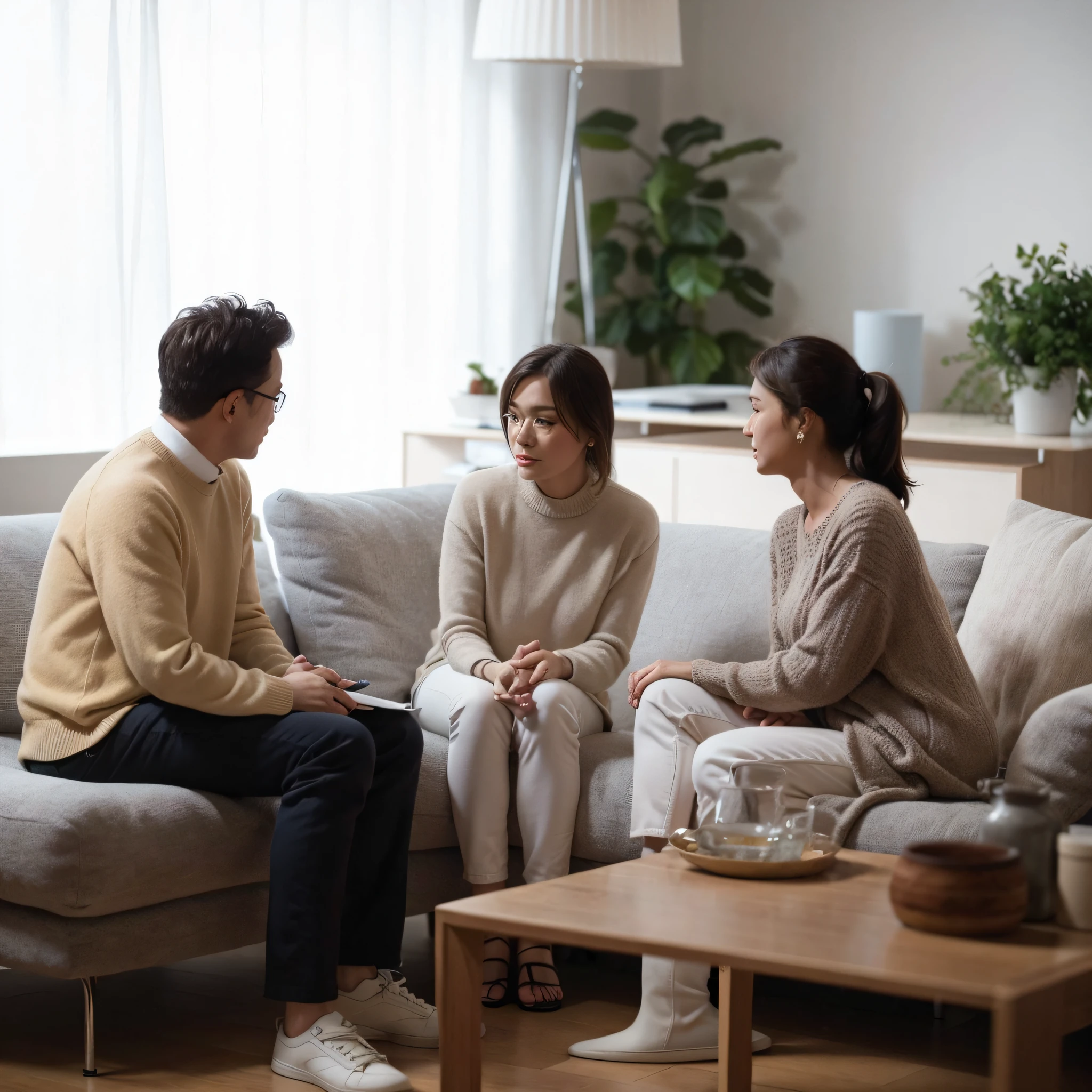 There are three people sitting on the sofa talking to each other, a middle-aged couple sitting on either side, a girl about 20 years old sitting in the middle, talking calmly 8K, in the living room, advertising pictures, product introduction photos, in Japanese apartments, lonely family, marketing photos, in the house, shot on the Canon EOS R 6, movie stills, shot with Sony A7R camera, shot with Sony Alpha 9, advertising photos
