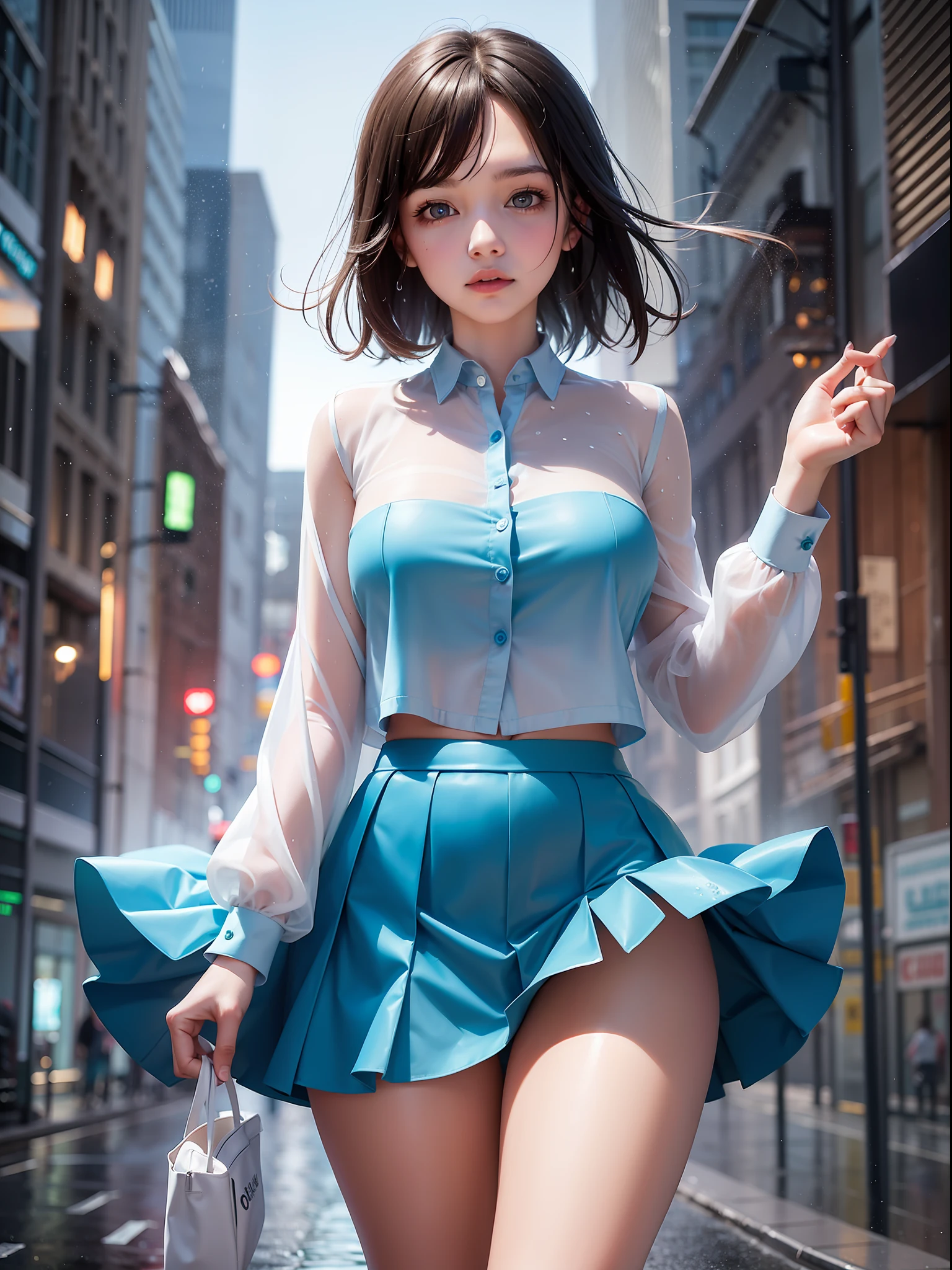 beautiful fingers,A beautiful girl with long, white legs runs through the busy streets of a city. The blue sky above her is clear, and the air is thick with the scent of rain. As she moves, her mini skirt, soaked from the wet weather, clings to her body, revealing her graceful form. Despite the rain, she moves with purpose and determination, her eyes fixed on her destination.