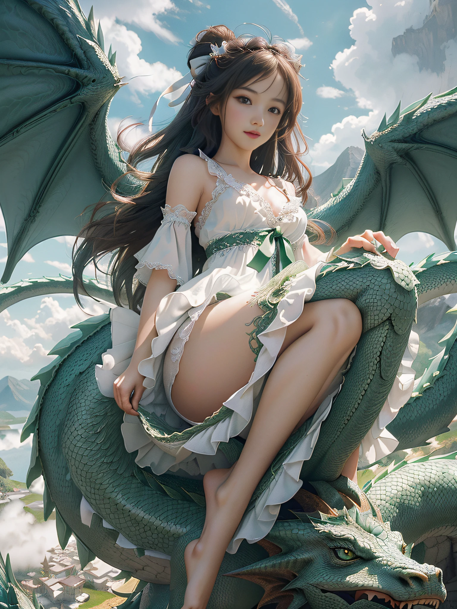 Highly detailed CG, (beautiful detail eyes, ultra high definition face, girl surrounded by dragons, white dress, one girl, small breasts, bare feet, long skirt, cute panties, green dragon, sky, mountain, clouds, ribbon, dynamic angle, flowing, 8k wallpaper, masterpiece, highest quality, super detail, best lighting, best shadow,