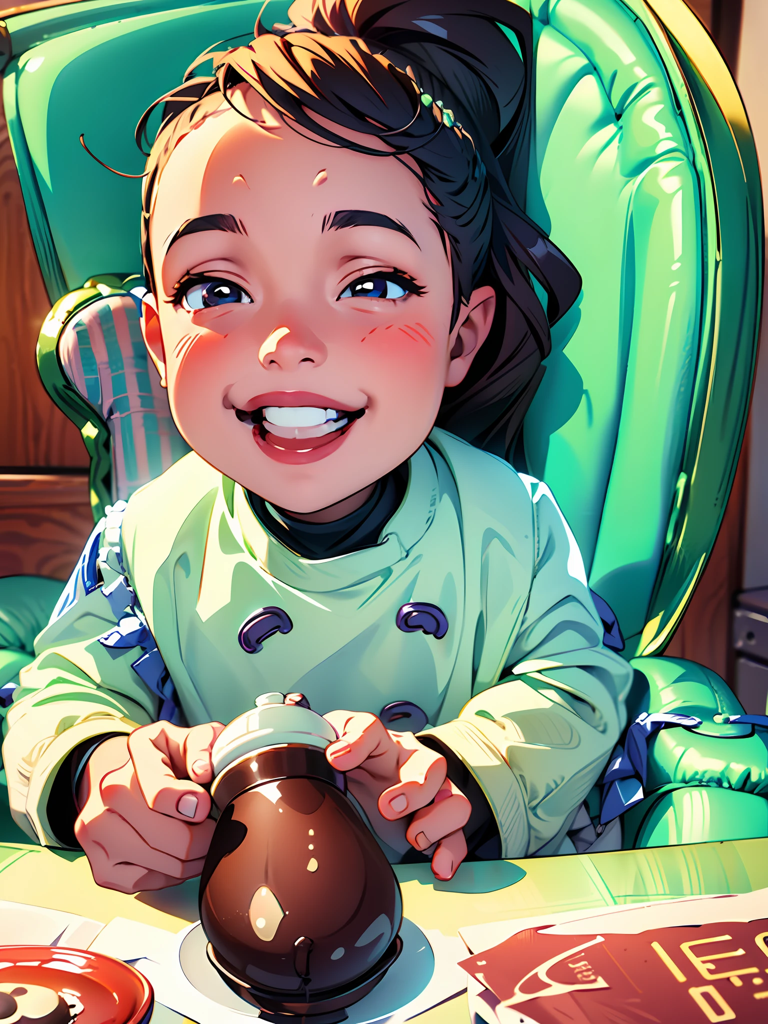 There is a  sitting on a high chair with a milk bottle, innocent smile, happy mouth open, he is happy, happy chilong smile, innocent face, Chen Bo, cute smile, charming smile, small smile, very big smile, cute boy, big smile, sweet smile, sitting on his high chair