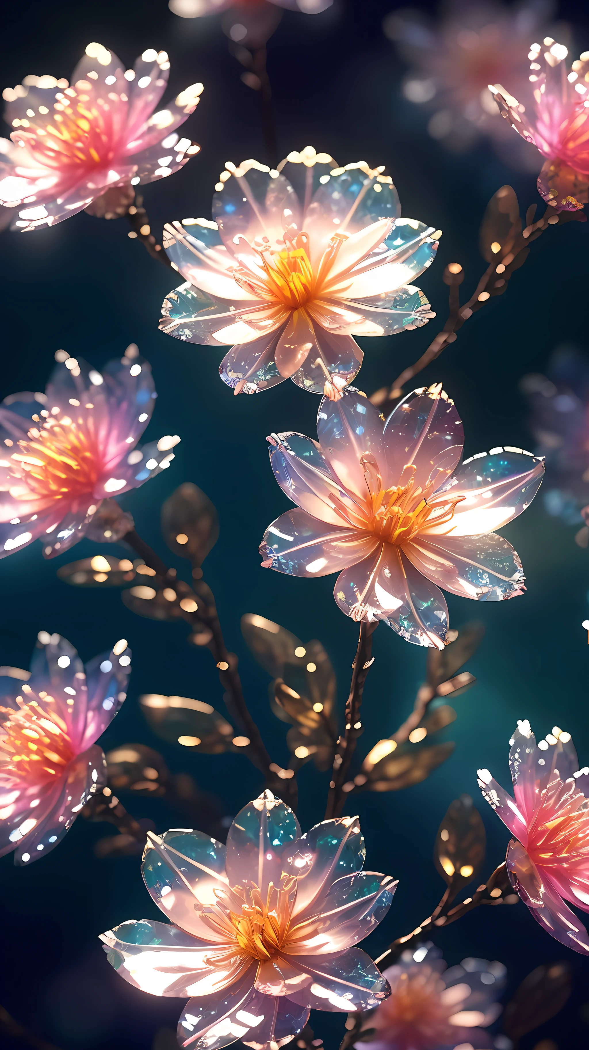crystal spring blossom,
fantasy, galaxy, transparent, 
shimmering, sparkling, splendid, colorful, 
magical photography, dramatic lighting, photo realism, ultra-detailed, 4k, Depth of field, High-resolution