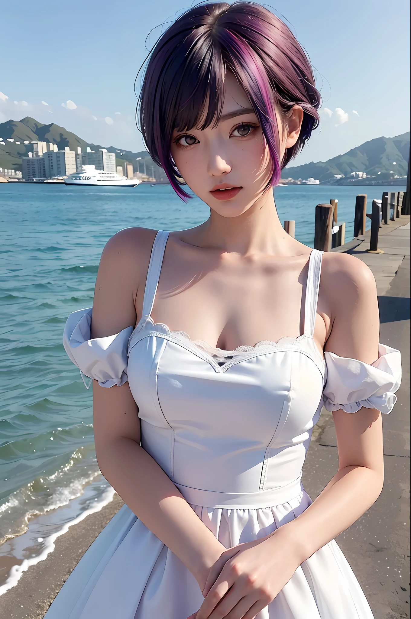 maid clothes, upper body, flashy hair, (wharf),photorealistic, high resolution, one girl, colorful hair color, korean, heterochromic eyes, beach, outdoors, wharf, short cut hair, blunt bangs, maid clothes, exposure