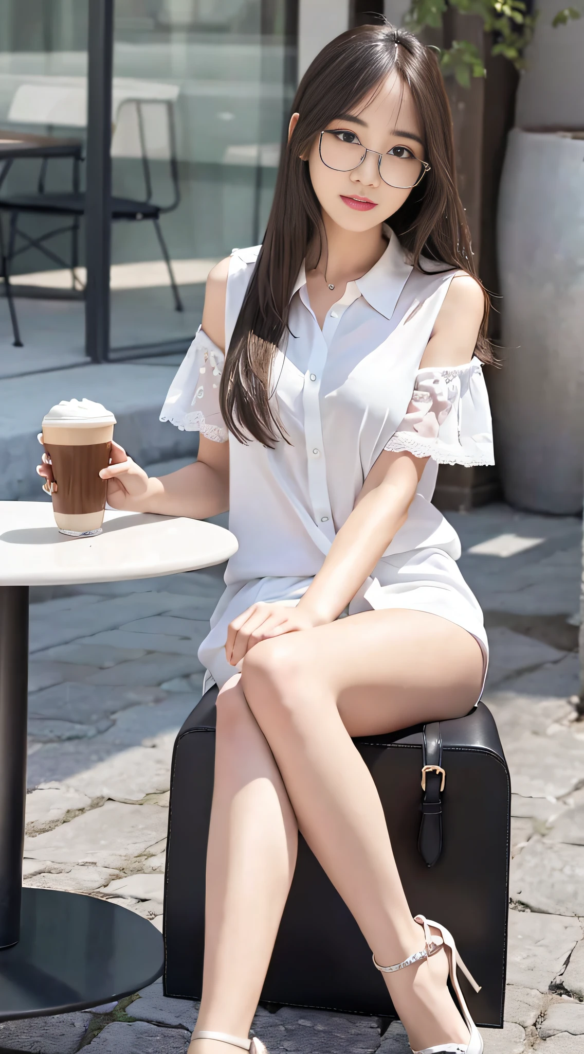 NSFW, (8k, best quality, master:1.2), (realistic, photo-realistic:1.37), super detailed, 1 girl with glasses, looking at the audience, cute, beautiful detailed sky, detailed café, sitting at the table for afternoon tea, full body, (smile:1.15), shut up, mid-chest, burst shirt buttons, beautiful delicate eyes, (collared shirt: 1.1), daytime, sunlight, white lace, ( Long hair: 1.4), shoulder-length hair, silver hair, uniform, white skin, movie lights, street lights, (sexiest actress: 1.4), full body photos, (coffee table:1), (handbag: 1), ulzzang-6500-v1.1:0.3, karinak-4501-6300:1.2, long legs, high heels,