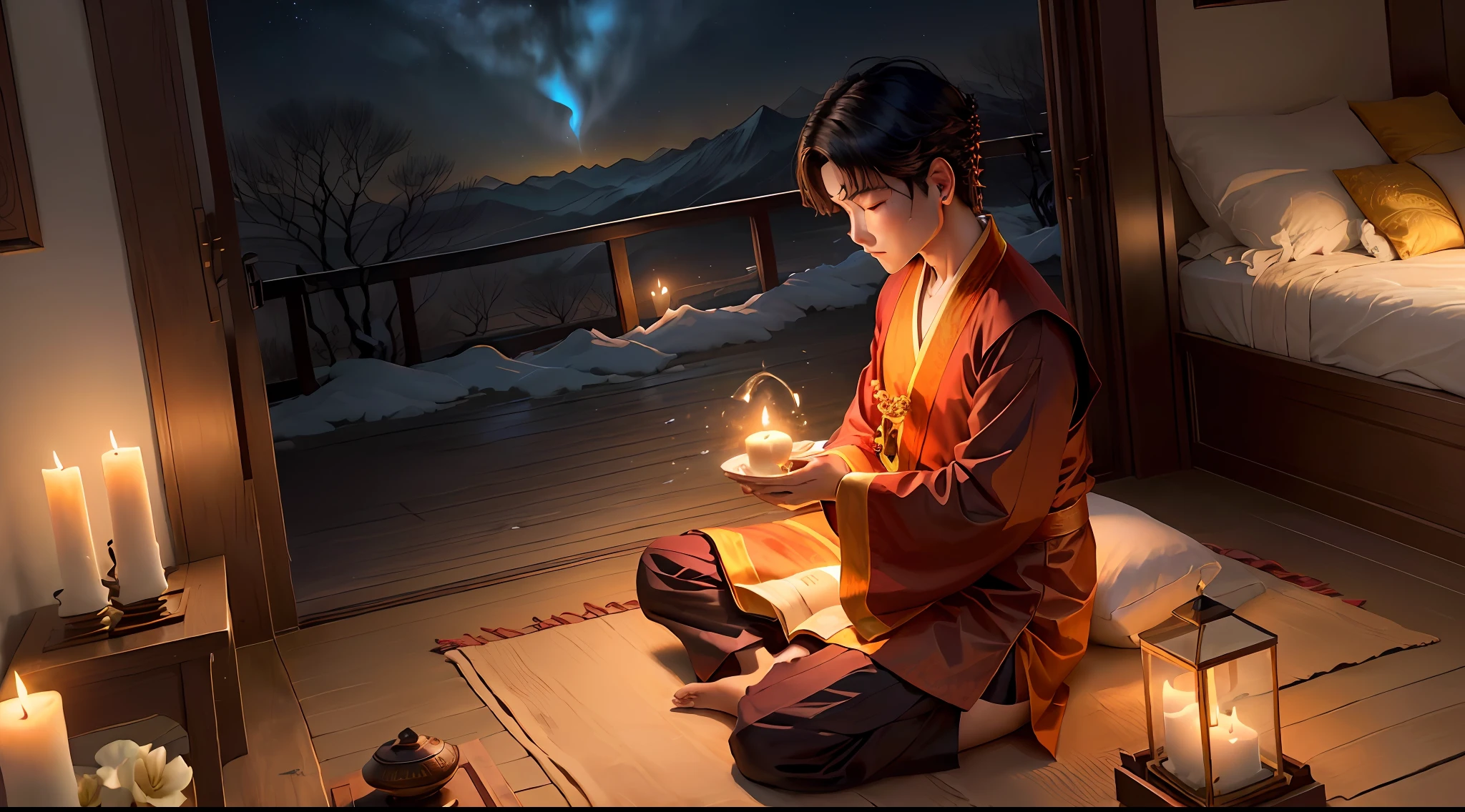 Masterpiece, best quality, (very detailed CG Unity 8k wallpaper), (best quality), (best illustration), (best shadow), absurd, realistic lighting, "night magpie mountain, west window provocation, look at thousands of households, bright lights, shadows only, boys mumble with loneliness, what is love, tossing and turning, fixed love, ten years overdue, can't find, lovesickness for whom, boys wear Buddhist clothes, have eaten fasting prayers, donors are safe and sound without crying, boys return to Buddha's heart, six desires are pure, autumn breeze is desolate, The grass and trees are merciless, the night is quiet, the west window is provocative, look at ten thousand homes, The lights are bright, the shadow is only, the boy mutters with loneliness, why love, tossing and turning, fixed love, ten years overdue, can't find, who is lovesickness, the boy wears Buddhist clothes, eats fasting and recite Buddhist scriptures, the donor is safe and sound, does not cry, I return to the heart of the Buddha, The six desires are pure, the autumn breeze is desolate, the grass and trees are merciless, the Buddha said, let go of love and hate, see through the red dust, the seven emotions and six desires no longer mess with my heart, fate is over, I left the family, compassion left a few points, I ask the female benefactor you to go slowly, I put on the Buddhist robes, eat fast and chant the Buddhist scriptures, the alms are safe and sound and do not cry, I return to the Buddha's heart, the six desires are pure, the autumn breeze is desolate, the grass and trees are merciless, I put on the Buddhist clothes, Eat fasting and chanting, the donor is safe and sound without crying, I return to the Buddha's heart, the six desires are pure, the autumn breeze is desolate, the grass and trees are merciless", the art of Peter Morbach,