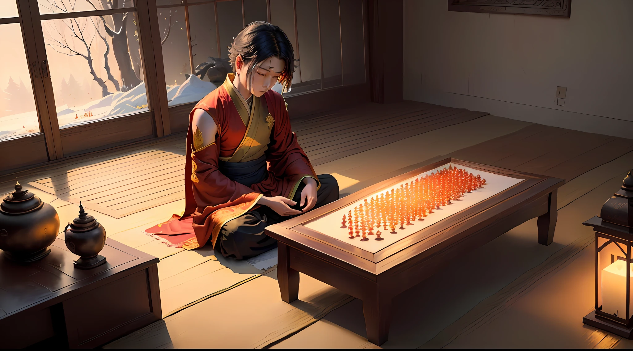 Masterpiece, best quality, (very detailed CG Unity 8k wallpaper), (best quality), (best illustration), (best shadow), absurd, realistic lighting, "night magpie mountain, west window provocation, look at thousands of households, bright lights, shadows only, boys mumble with loneliness, what is love, tossing and turning, fixed love, ten years overdue, can't find, lovesickness for whom, boys wear Buddhist clothes, have eaten fasting prayers, donors are safe and sound without crying, boys return to Buddha's heart, six desires are pure, autumn breeze is desolate, The grass and trees are merciless, the night is quiet, the west window is provocative, look at ten thousand homes, The lights are bright, the shadow is only, the boy mutters with loneliness, why love, tossing and turning, fixed love, ten years overdue, can't find, who is lovesickness, the boy wears Buddhist clothes, eats fasting and recite Buddhist scriptures, the donor is safe and sound, does not cry, I return to the heart of the Buddha, The six desires are pure, the autumn breeze is desolate, the grass and trees are merciless, the Buddha said, let go of love and hate, see through the red dust, the seven emotions and six desires no longer mess with my heart, fate is over, I left the family, compassion left a few points, I ask the female benefactor you to go slowly, I put on the Buddhist robes, eat fast and chant the Buddhist scriptures, the alms are safe and sound and do not cry, I return to the Buddha's heart, the six desires are pure, the autumn breeze is desolate, the grass and trees are merciless, I put on the Buddhist clothes, Eat fasting and chanting, the donor is safe and sound without crying, I return to the Buddha's heart, the six desires are pure, the autumn breeze is desolate, the grass and trees are merciless", the art of Peter Morbach,