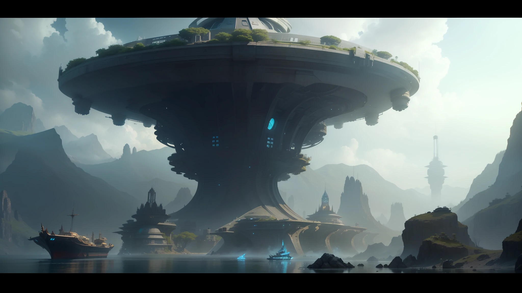 arafed structure in the middle of a body of water with a boat in the background, ilm of an epic sci-fi, marco plouffe, vfx, futuristic orbital station!!!!, warcraft architecture, epic scene full of computers, still from a music video, by Abraham Begeyn, yggdrasil, featured in cinematic