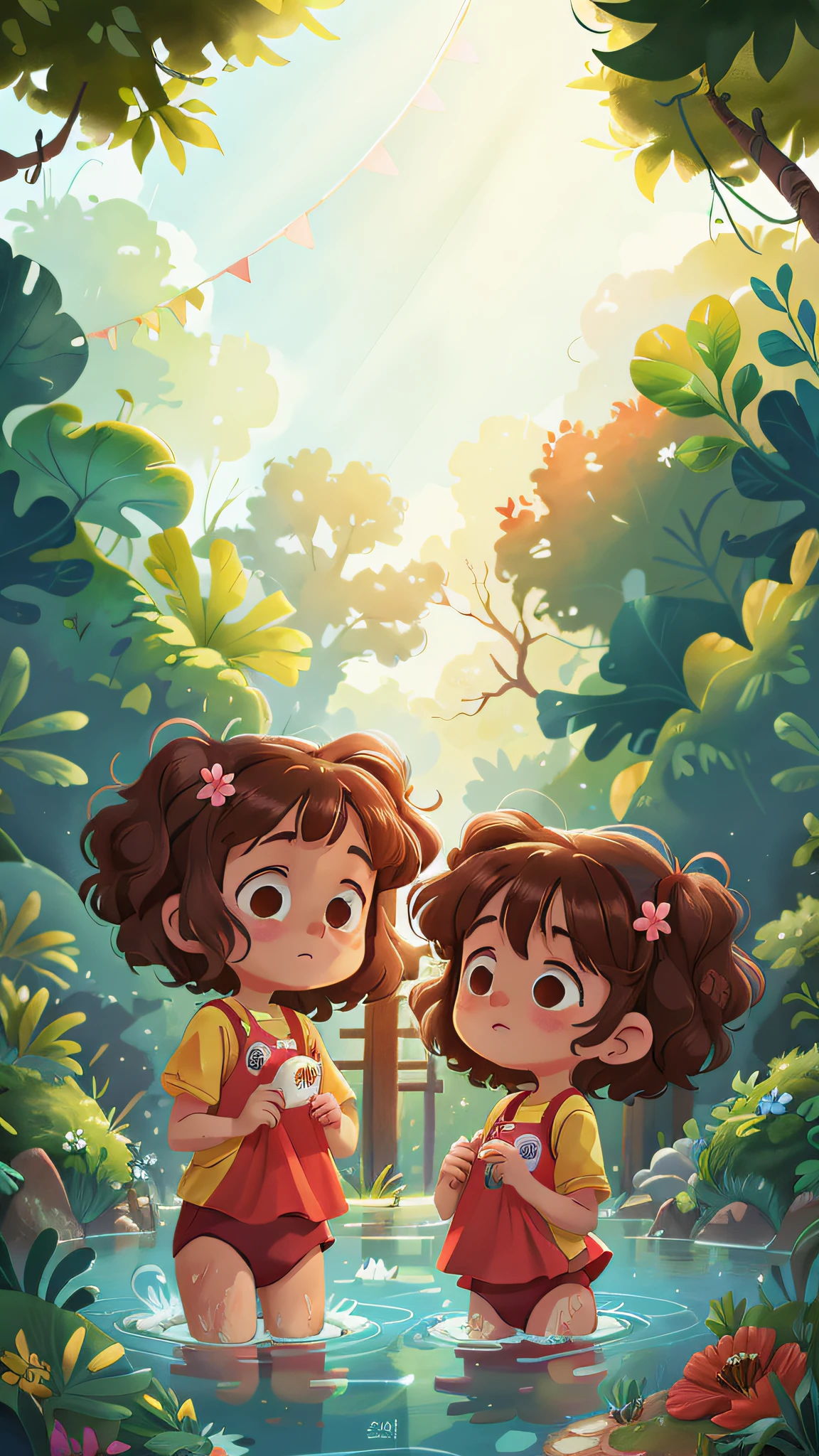 Two girls, twins, curly brown hair, in swimming