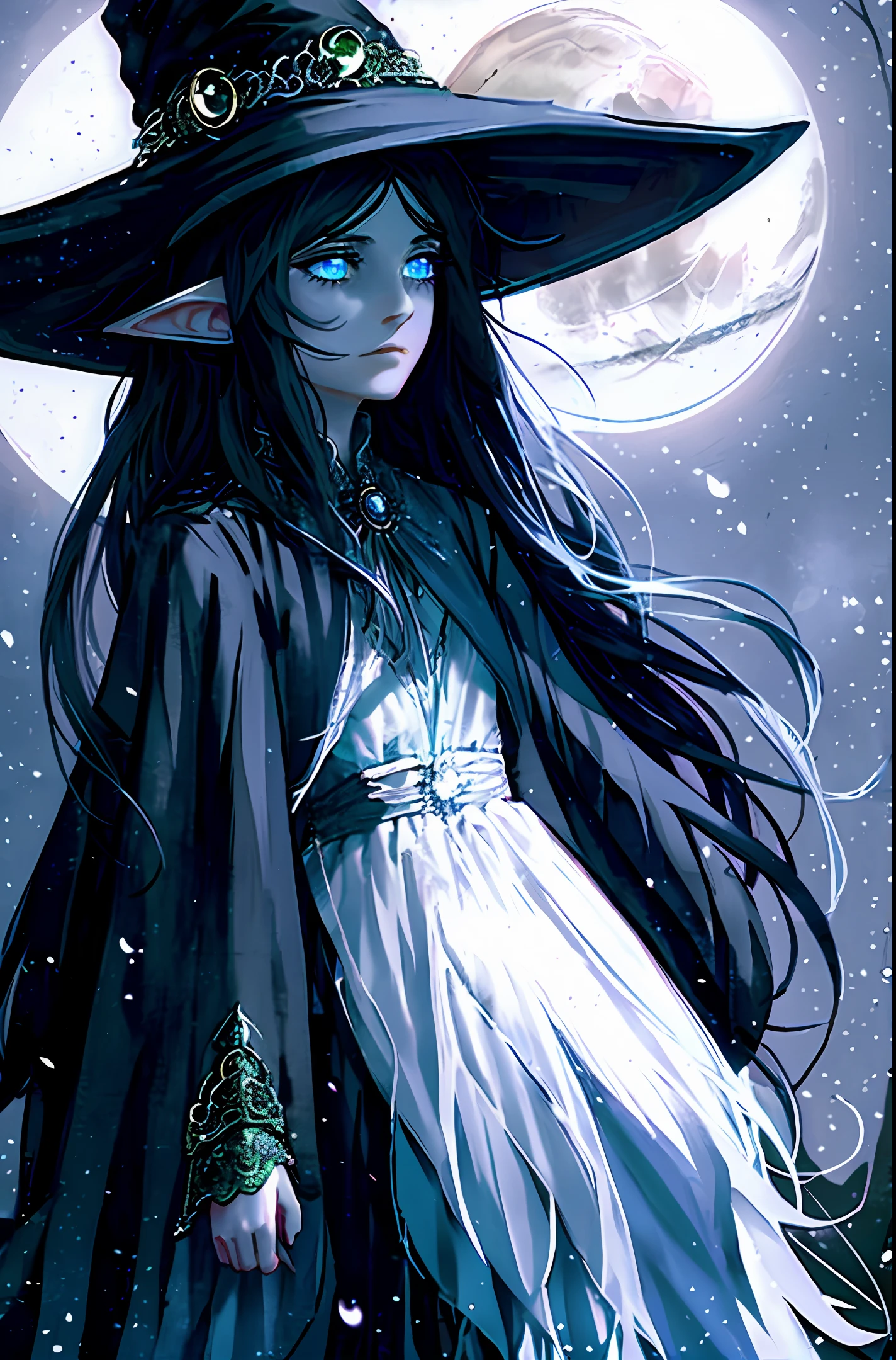 Beautiful thin elf girl, Black gothic robe, witch hat, dark forest landscape, moon, white long hair, blue eyes, lonely expression, high detailed, anime