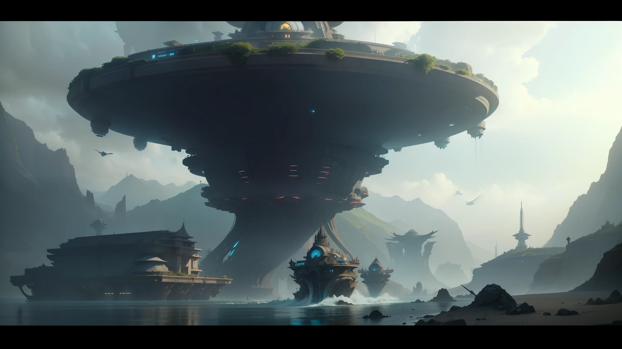 arafed structure in the middle of a body of water with a boat in the background, ilm of an epic sci-fi, marco plouffe, vfx, futuristic orbital station!!!!, warcraft architecture, epic scene full of computers, still from a music video, by Abraham Begeyn, yggdrasil, featured in cinematic