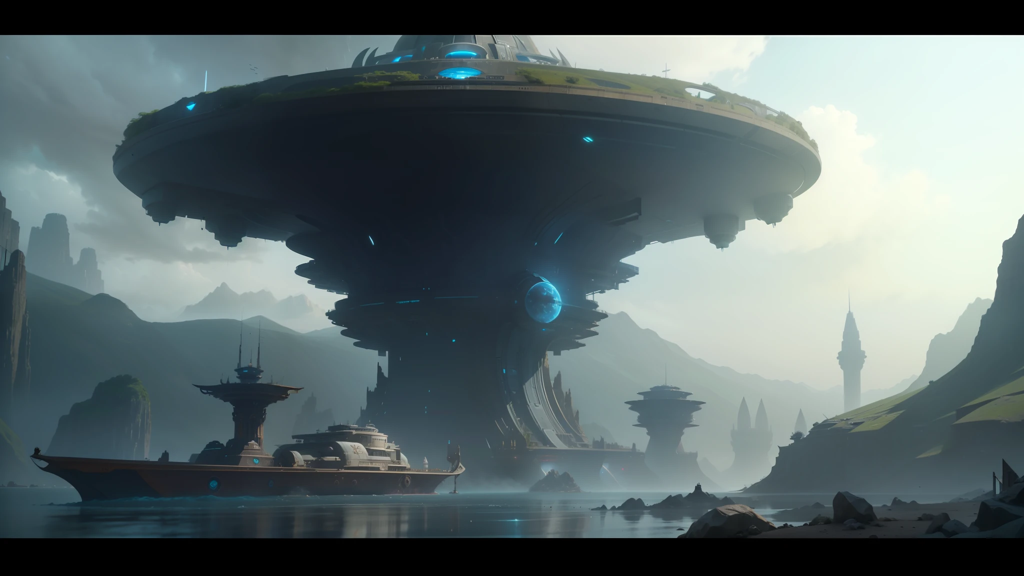 arafed structure in the middle of a body of water with a boat in the background, ilm of an epic sci-fi, marco plouffe, vfx, futuristic orbital station!!!!, warcraft architecture, epic scene full of computers, still from a music video, by Abraham Begeyn, yggdrasil, featured in cinematic
