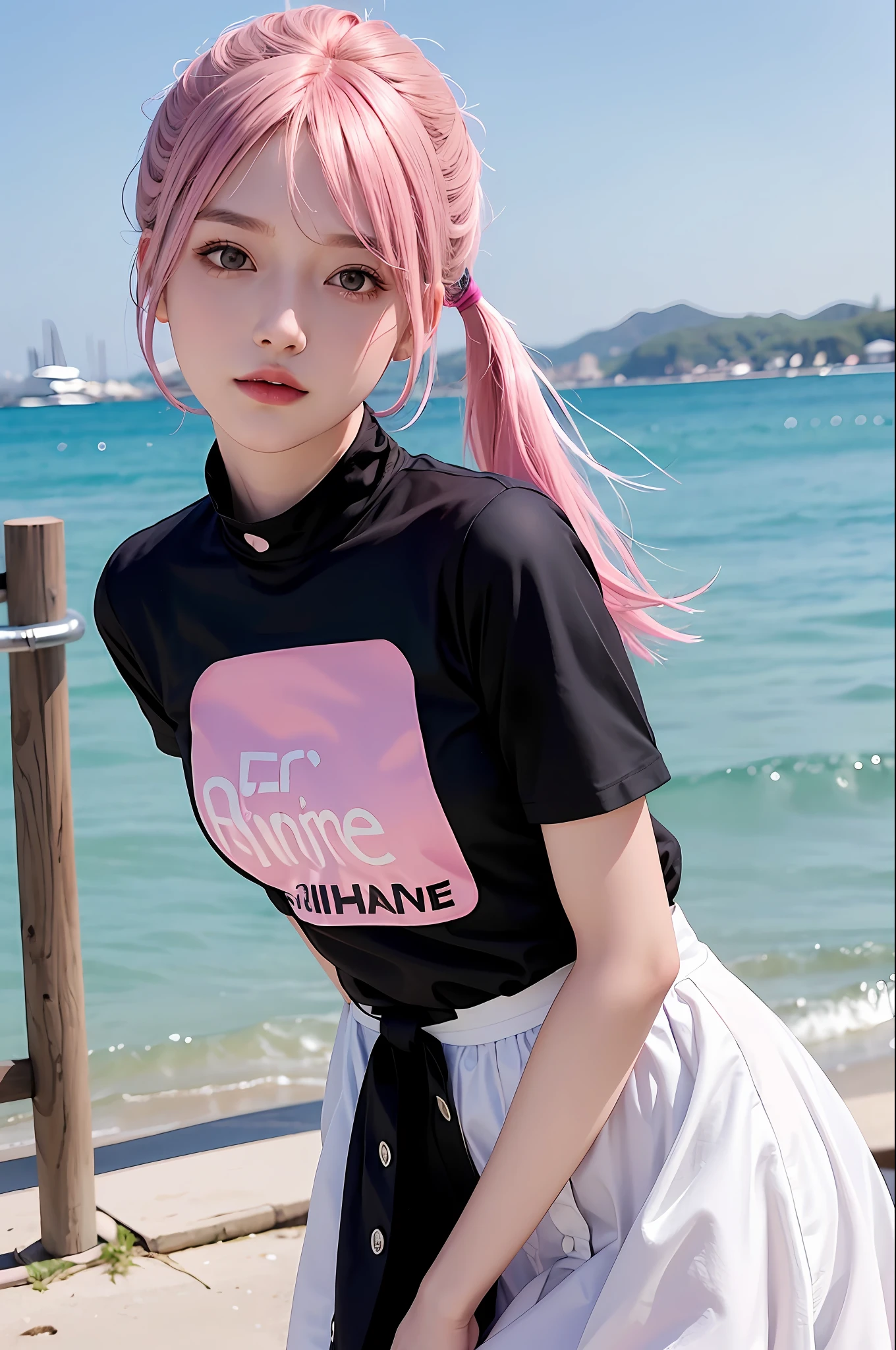 maid clothes, black shirt with buttons, upper body, flashy hair, (wharf), photorealistic, high resolution, 1 girl, pink hair, ponytail, colorful hair color, korean, heterochromic eyes, beach, outdoors, wharf, short cut hair, blunt bangs, maid clothes, exposure